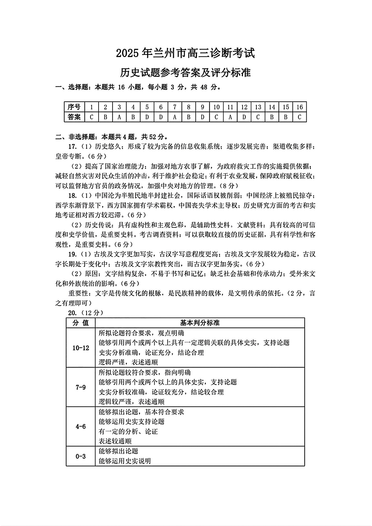 甘肃省兰州市2025届高三下学期诊断考试（一模）历史答案第1页