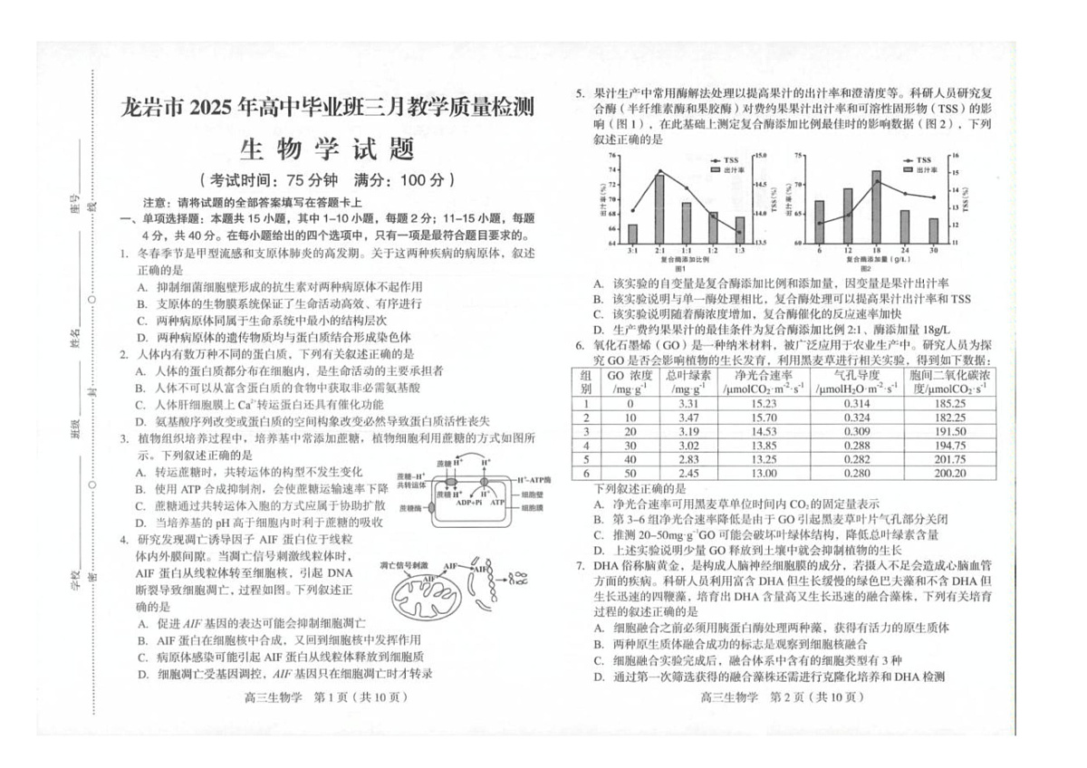 2025届福建省龙岩市高三下学期高中毕业班3月教学质量检测生物试题（扫描版有答案）第1页