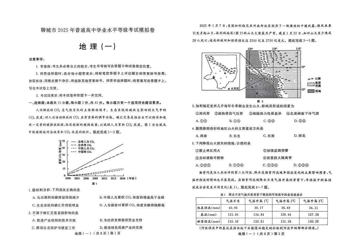 山东省聊城市2025年普通高中学业水平等级考试模拟卷（一）地理第1页