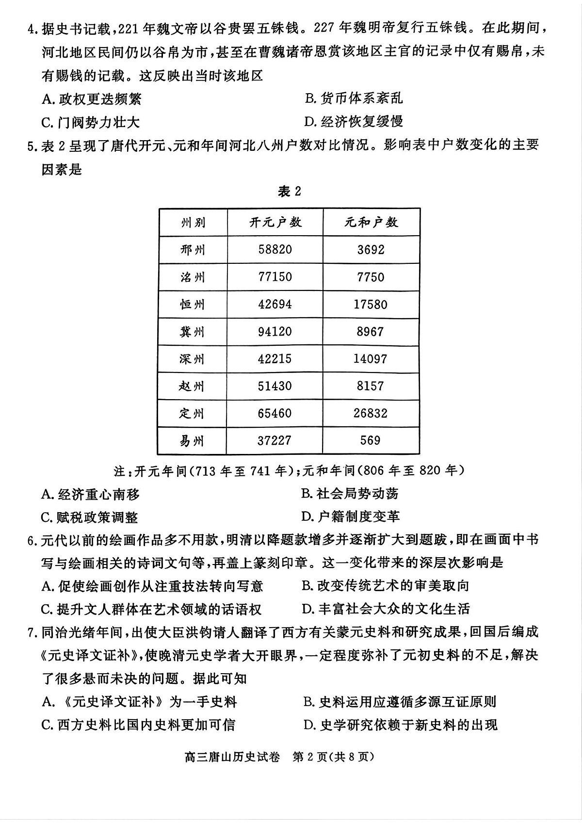 唐山市2025年普通高等院校招生第一次拟演练历史第2页