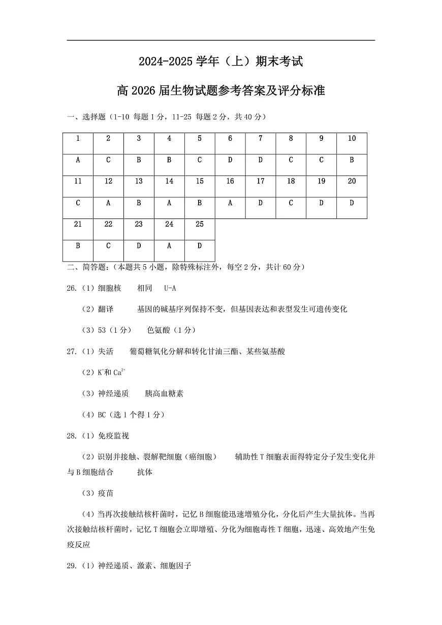 高二生物参考答案及评分标准(1)第1页