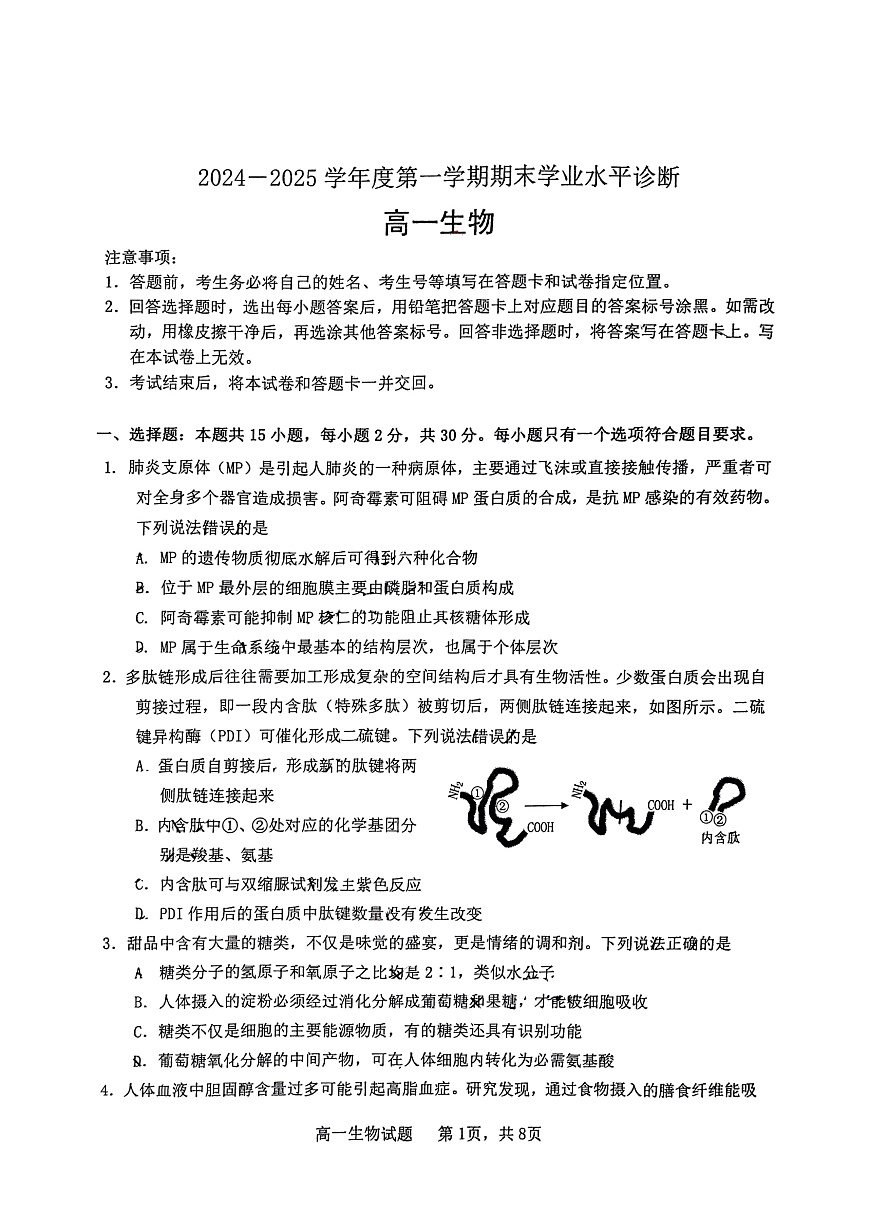 山东省烟台市2024-2025年高一上学期期末考试生物试题第1页