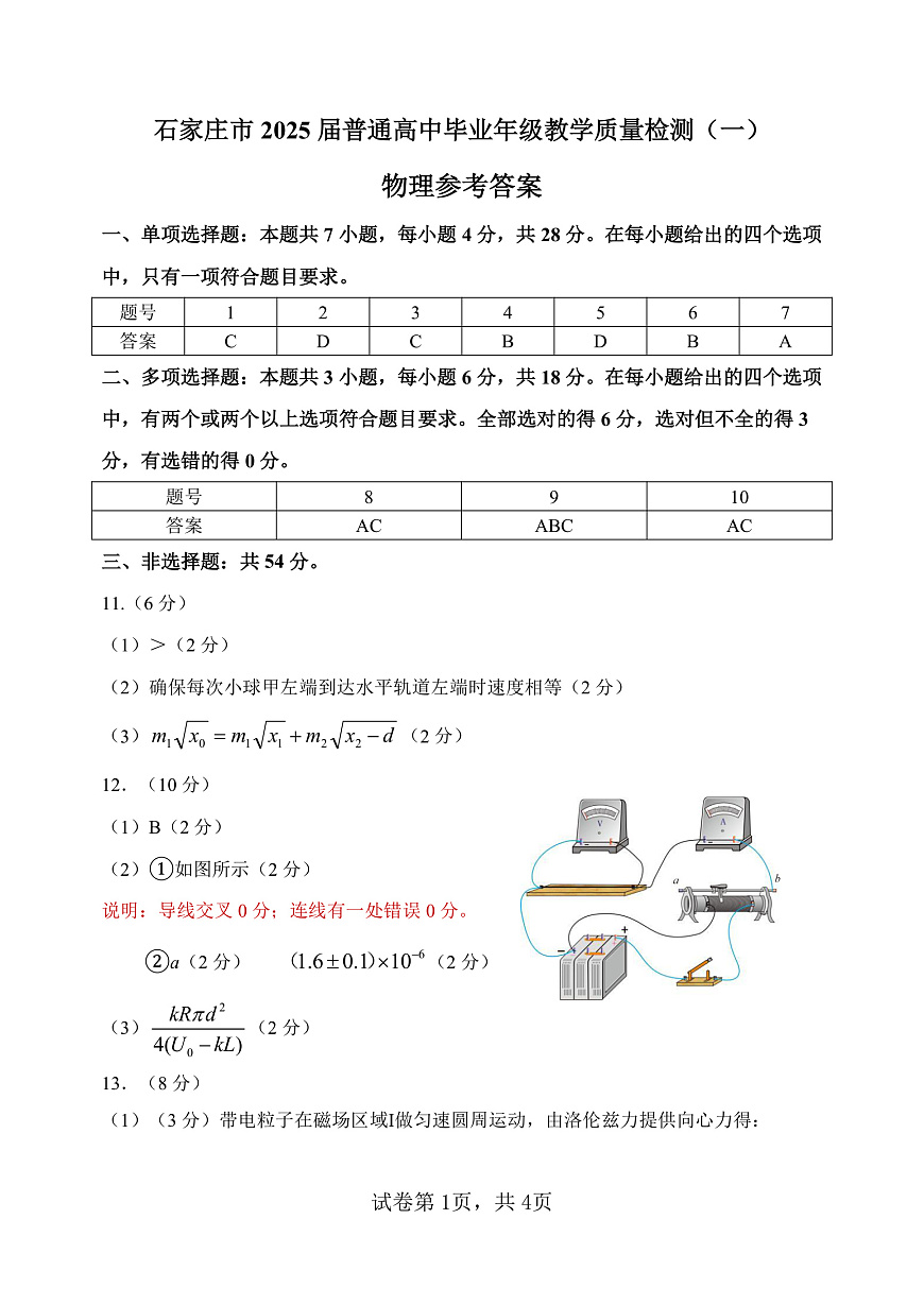 2025届质检（一）物理参考答案第1页