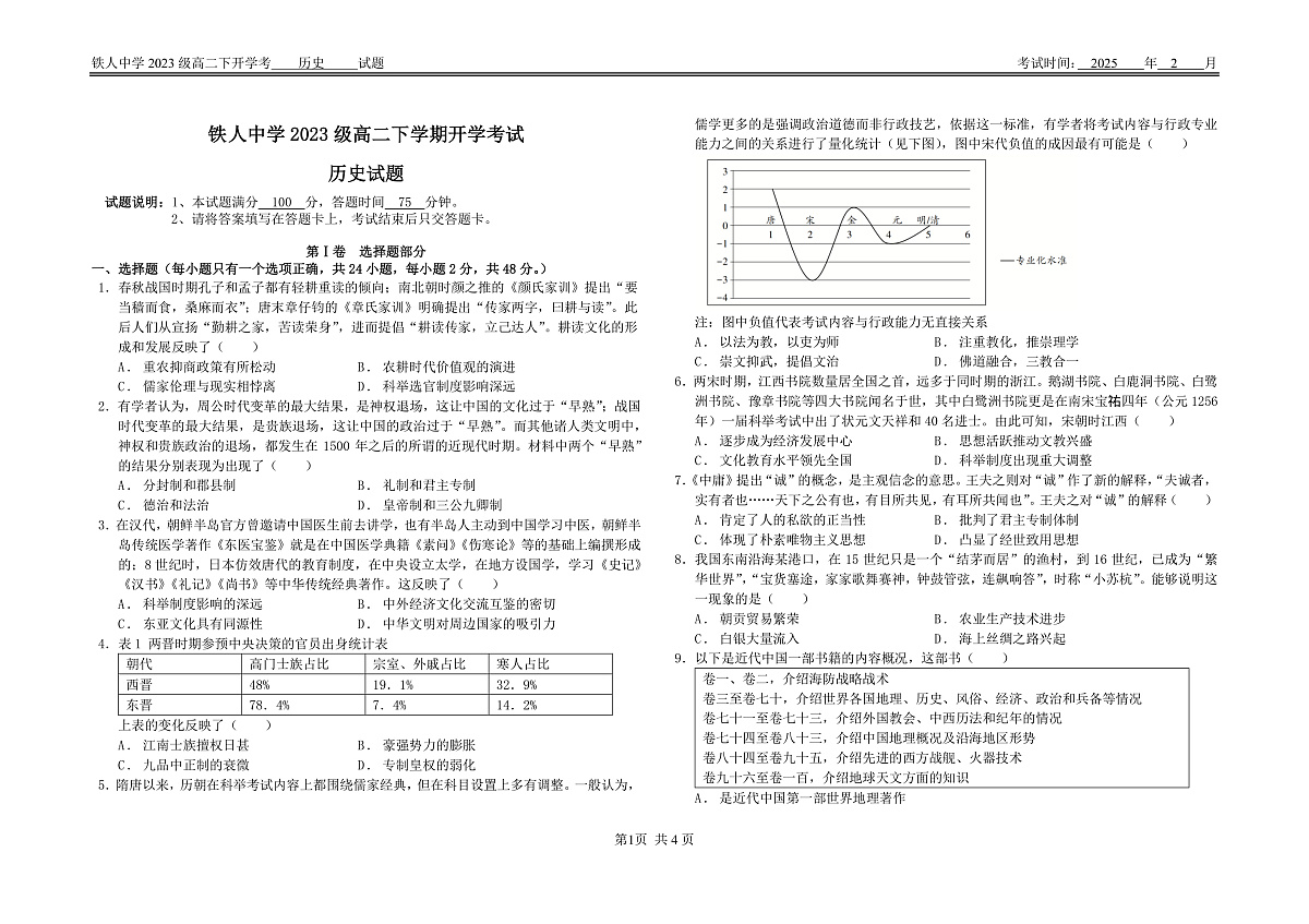铁人中学2023级高二下开学考试历史试卷第1页