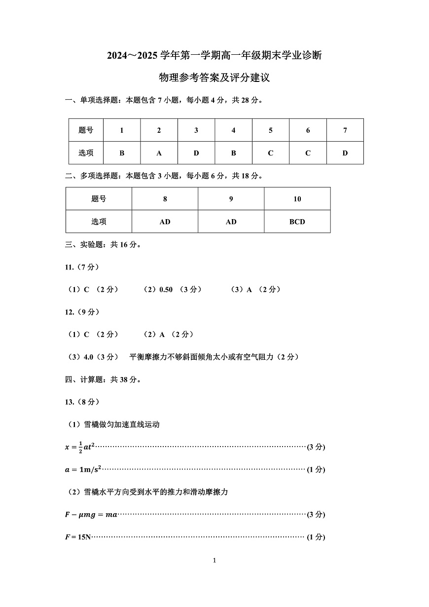 2024-2025学年第二学期期末高一物理答案第1页