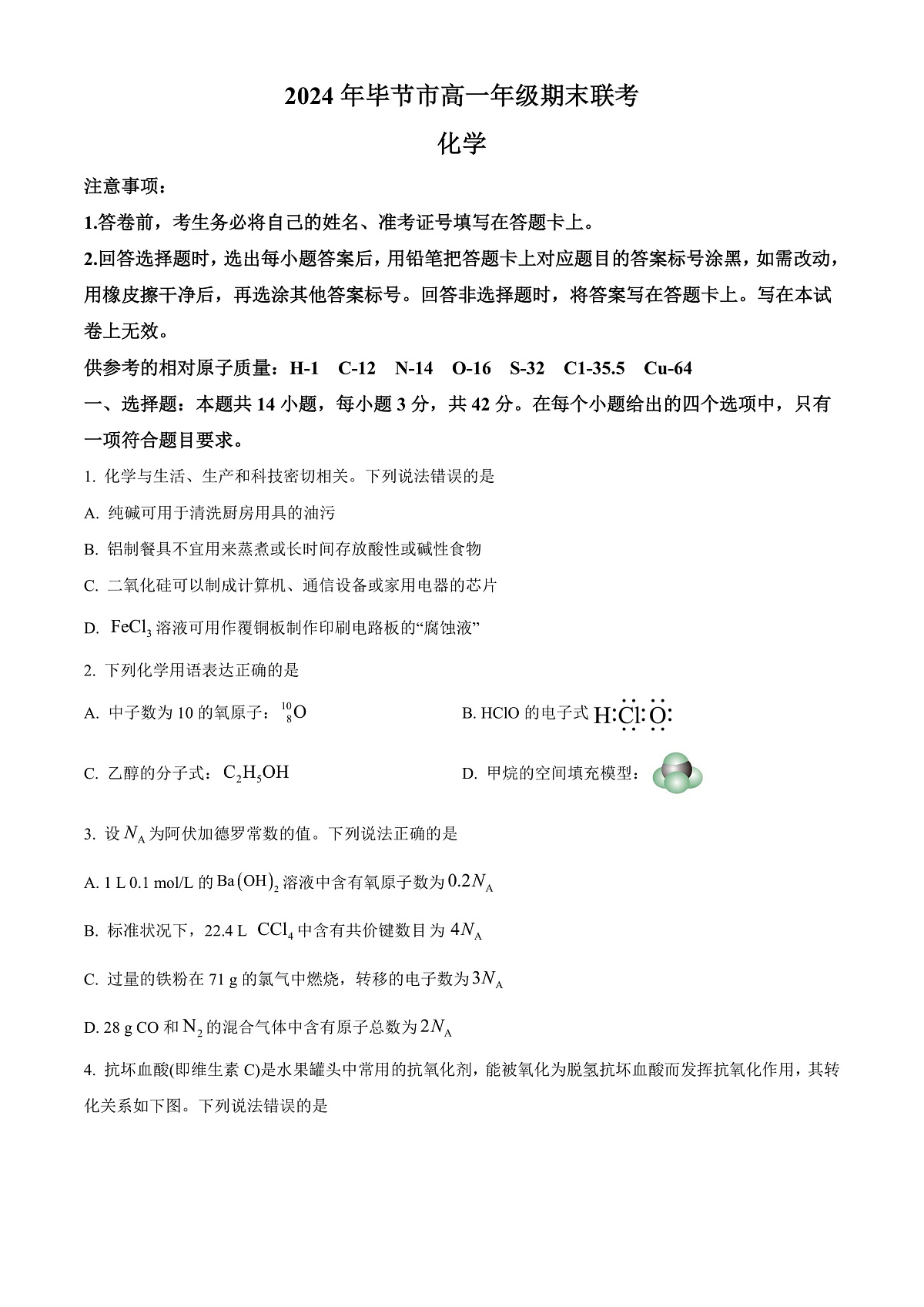 贵州省毕节市2023-2024学年高一下学期期末考试化学试题  Word版无答案第1页