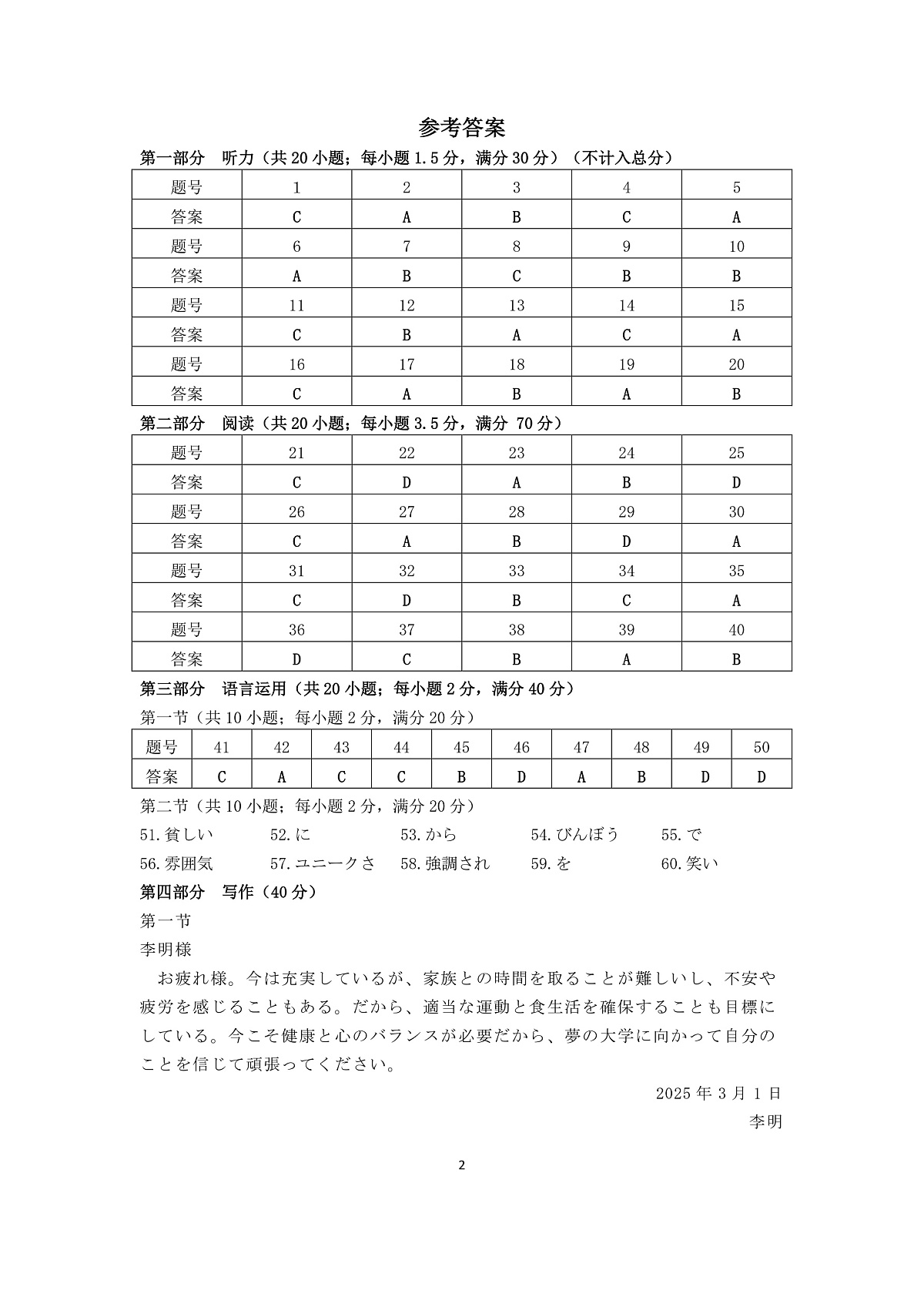 山西省思而行2025年3月高考适应性测试日语答案第2页