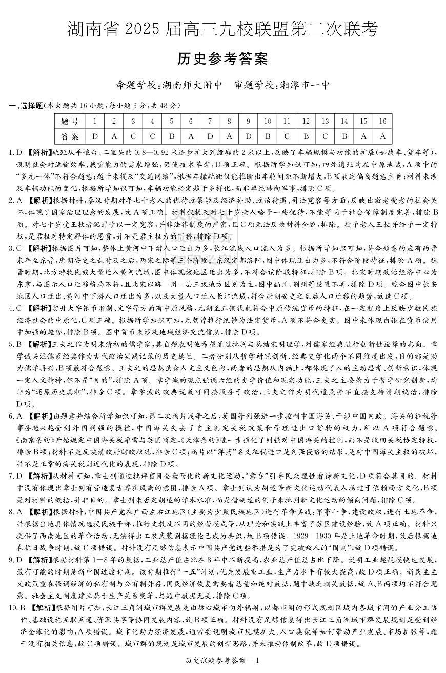 湖南省2025届高三九校联盟第二次联考历史答案第1页