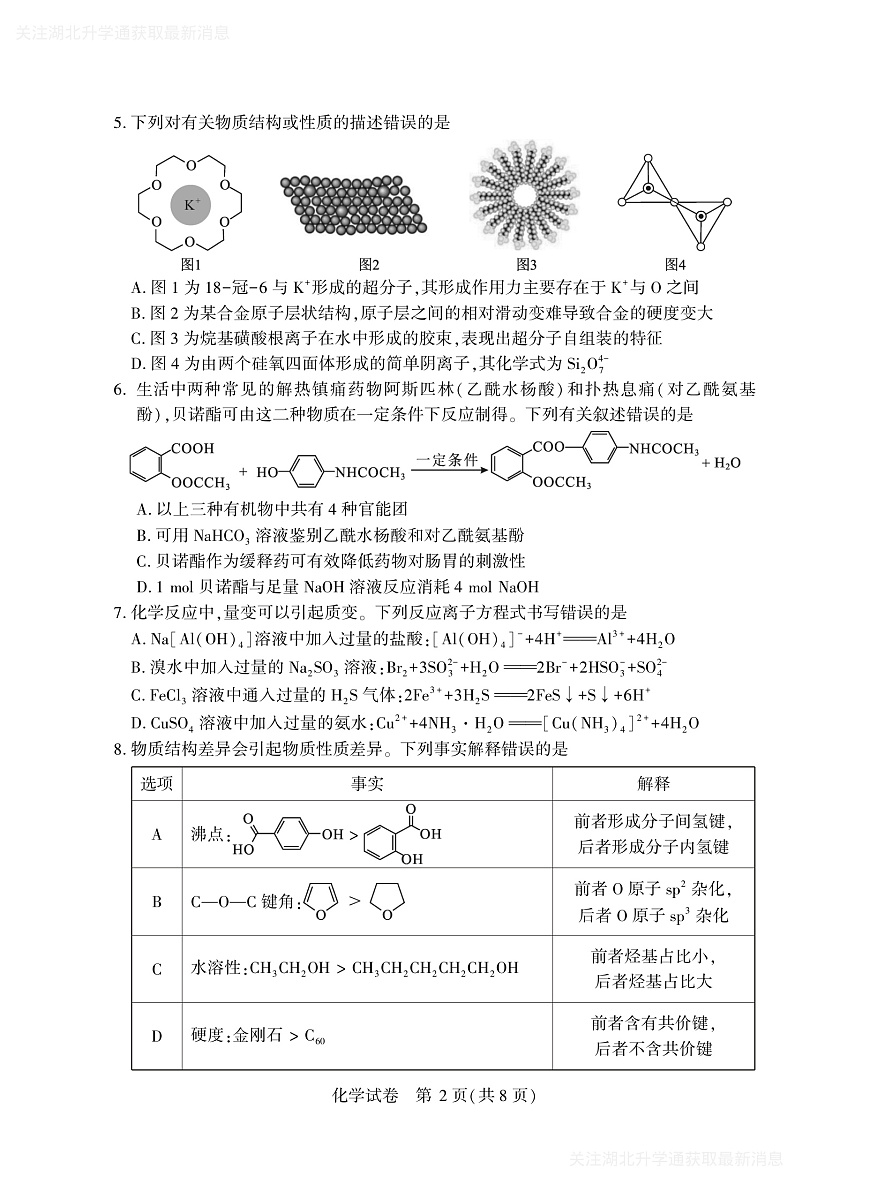 2025年湖北省八市高三（3月）联考化学第2页