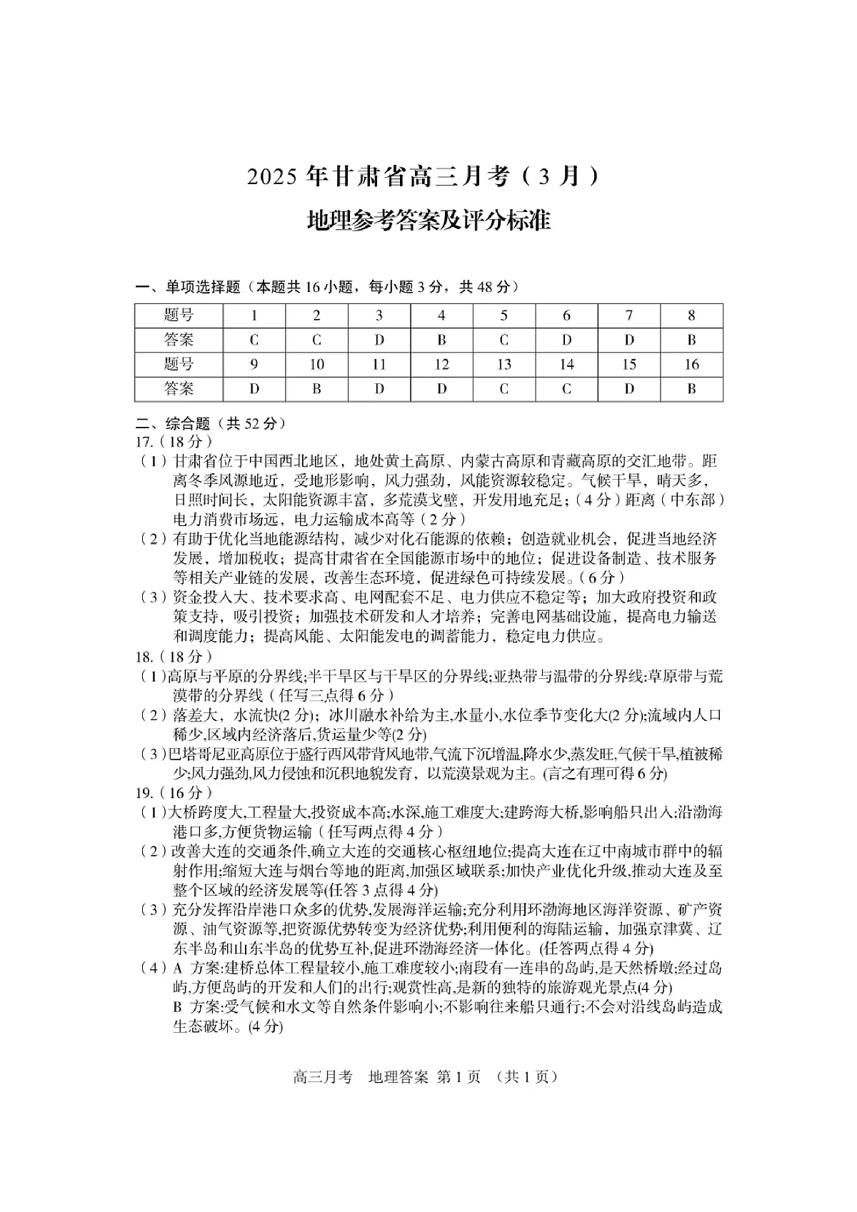 甘肃省2025年高三（3月）考试卷地理答案第1页