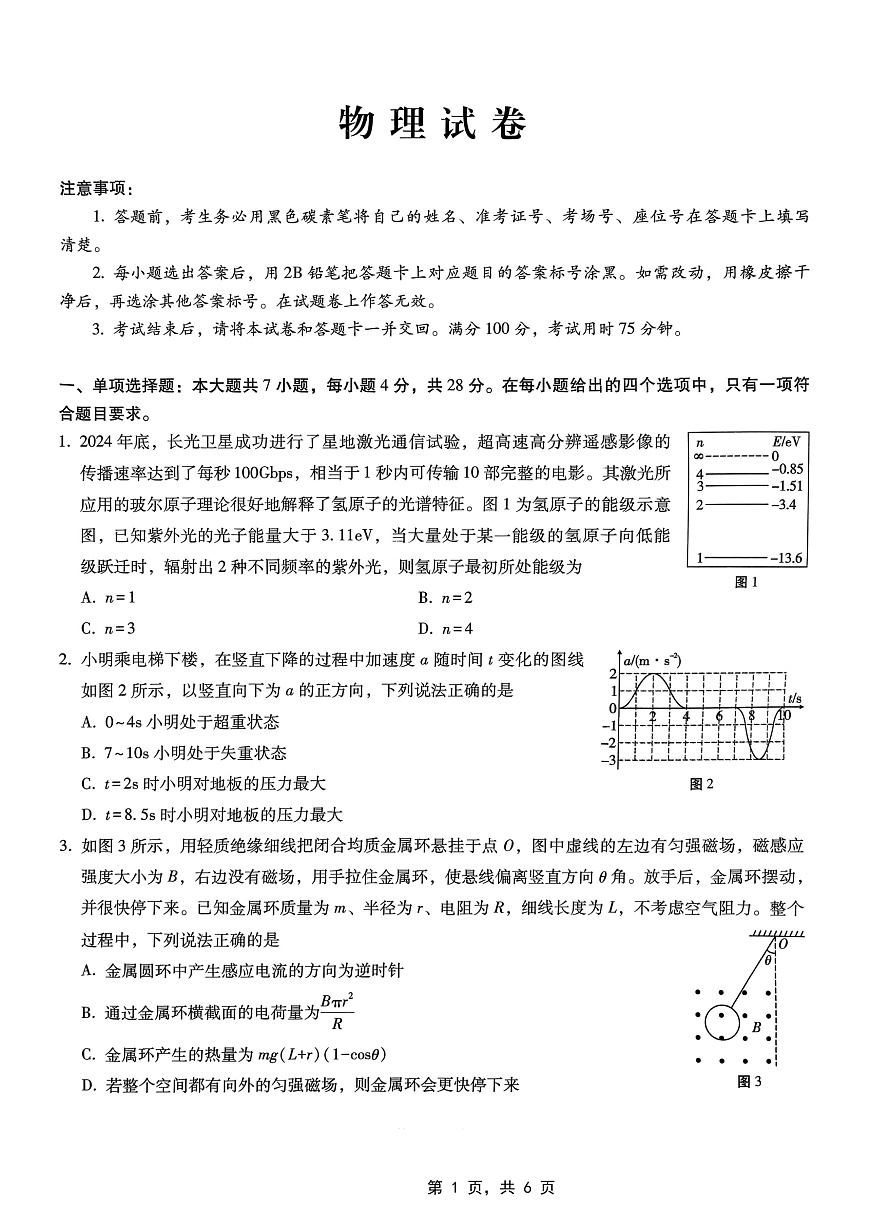 重庆市巴蜀中学高2025届高三3月适应性月考卷（六）物理第1页