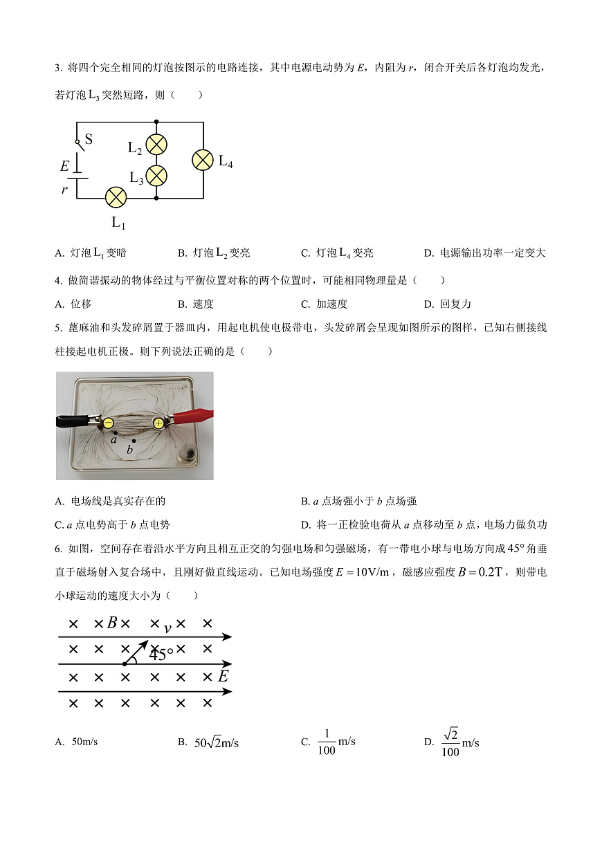 四川省成都市2023-2024学年高二上学期期末调研考试物理试题  Word版无答案第2页