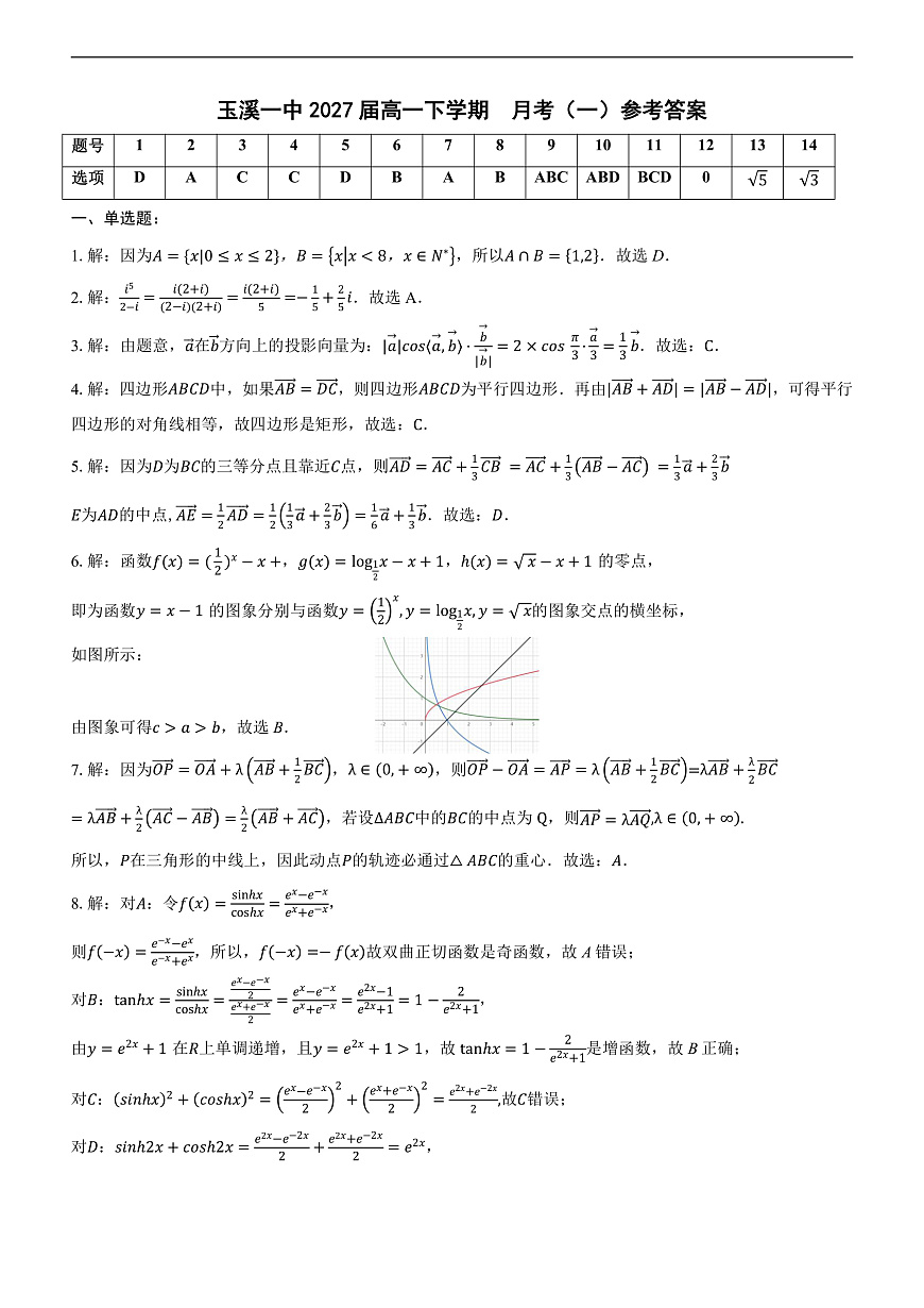 玉溪一中2027届高一下学期月考（一）参考答案第1页