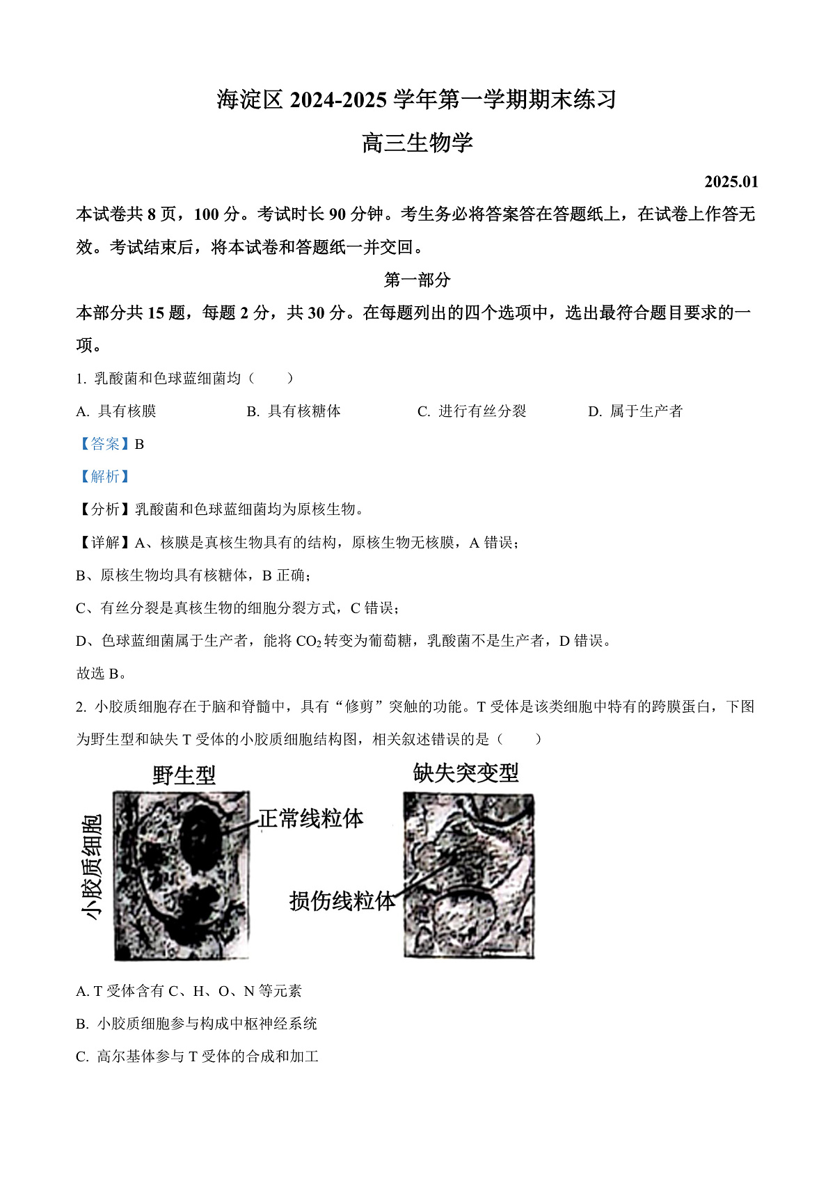 北京市海淀区2024-2025学年高三上学期1月期末考试生物试卷  Word版含解析第1页