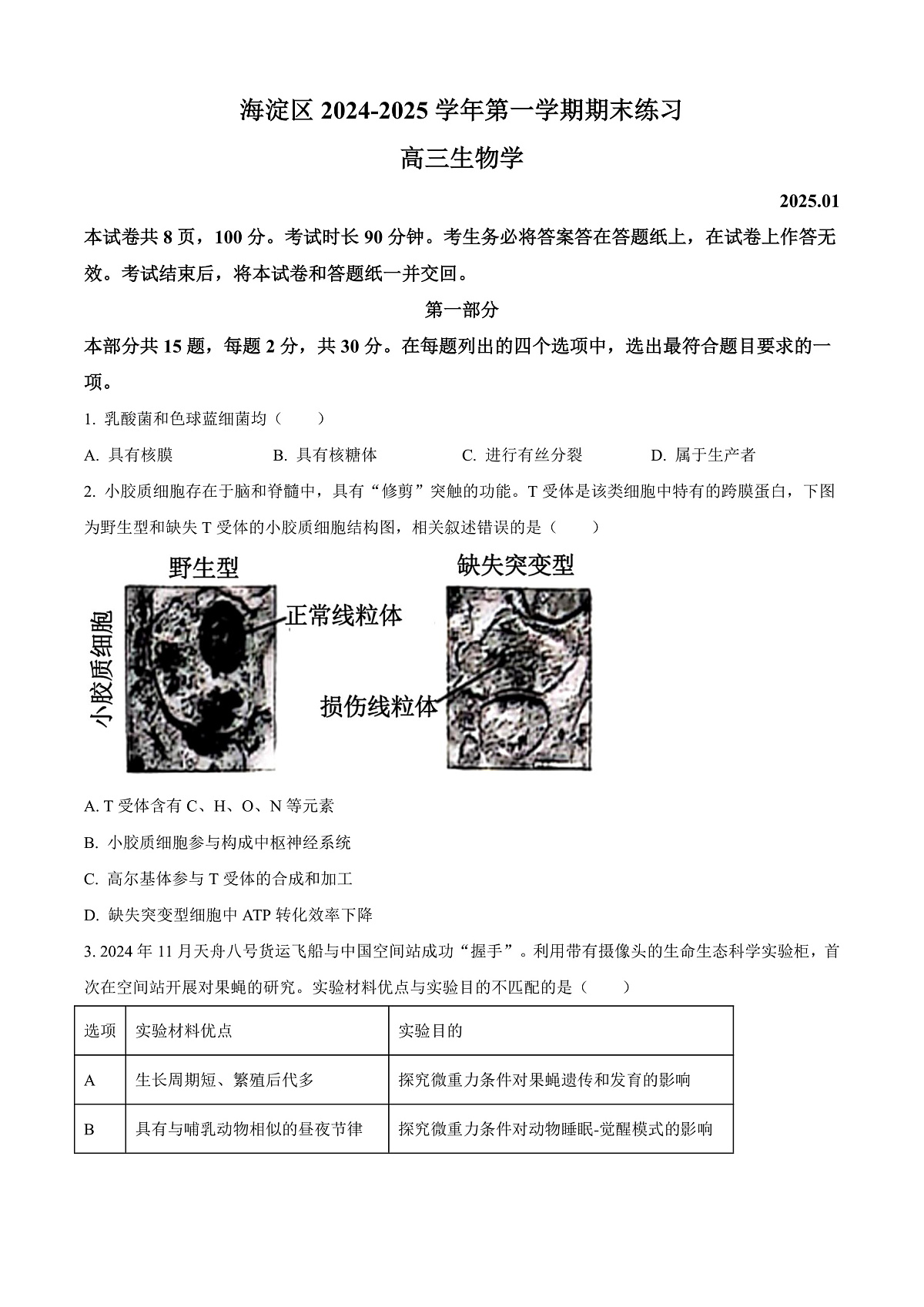 北京市海淀区2024-2025学年高三上学期1月期末考试生物试卷  Word版无答案第1页