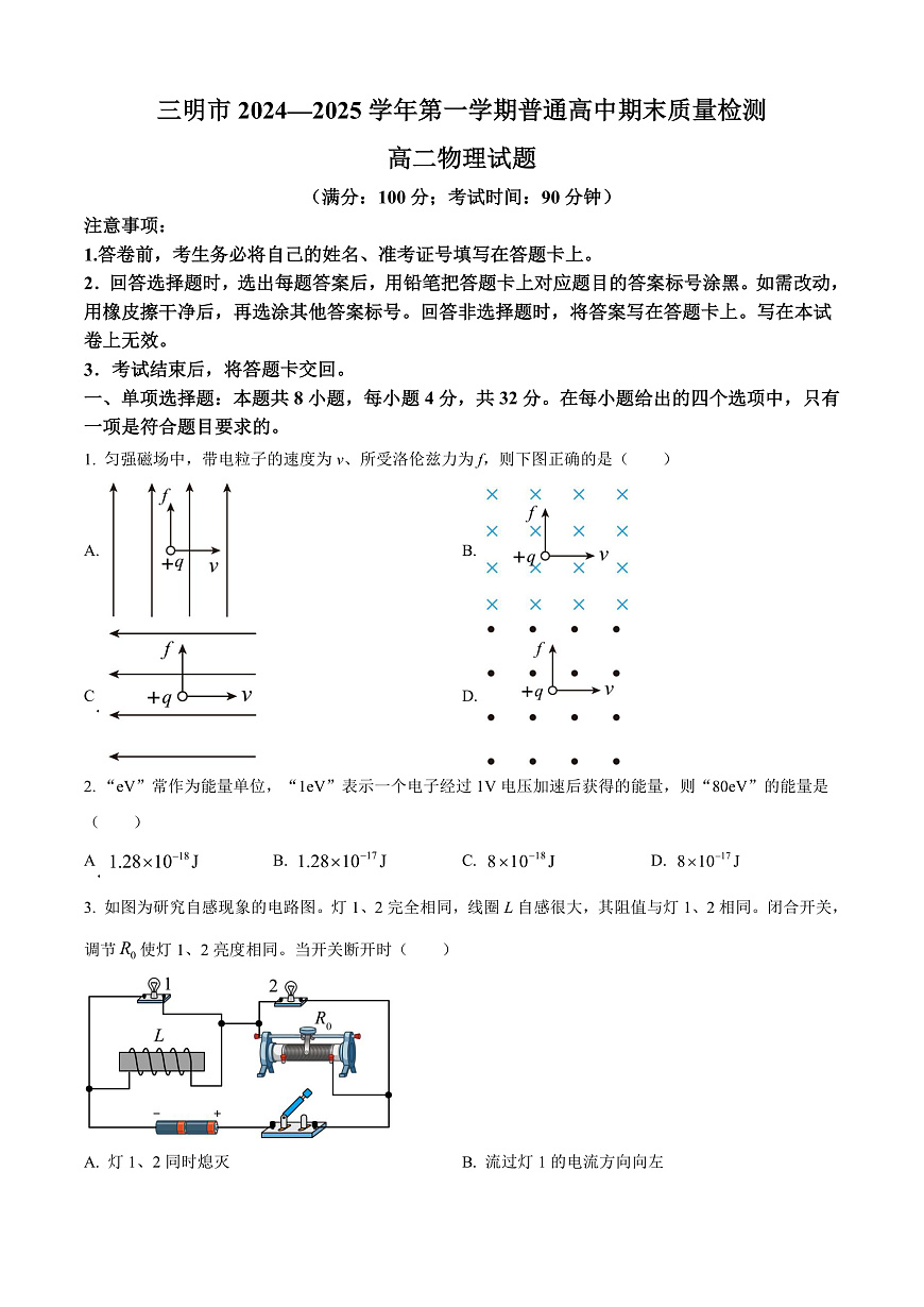 福建省三明市2024-2025学年高二上学期期末质量检测物理试卷  Word版无答案第1页