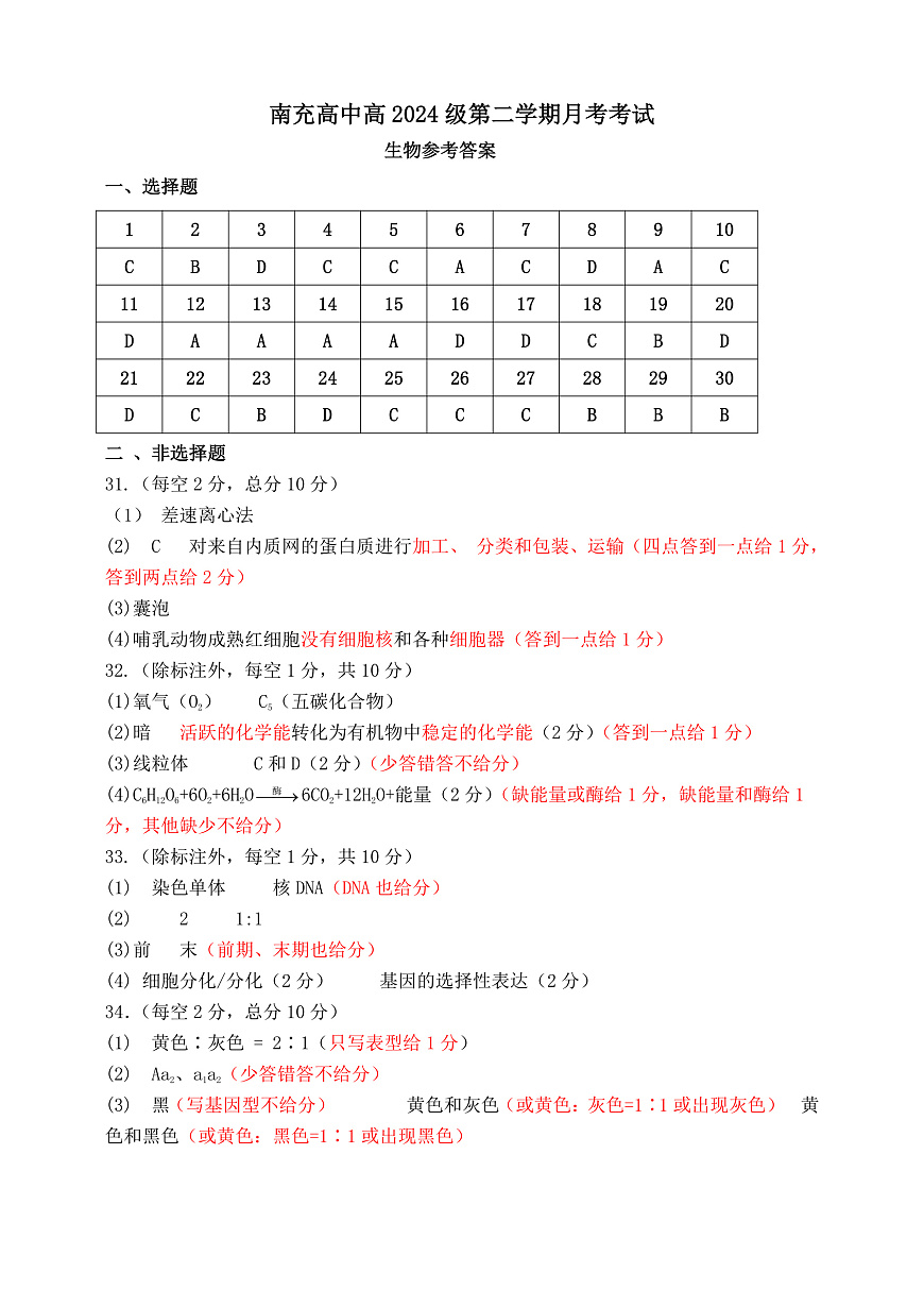 高2024级3月月考参考答案及给分意见第1页
