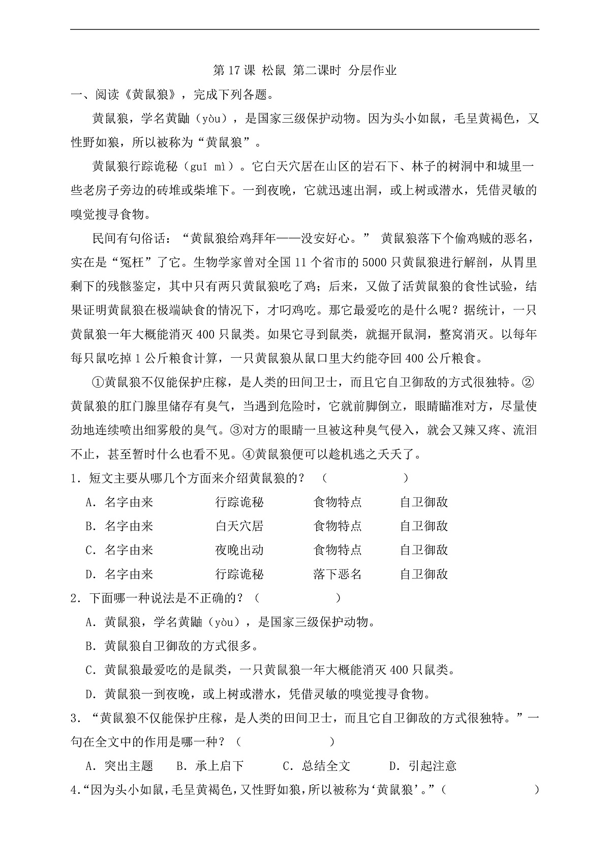 17 松鼠 第二课时分层练习第1页