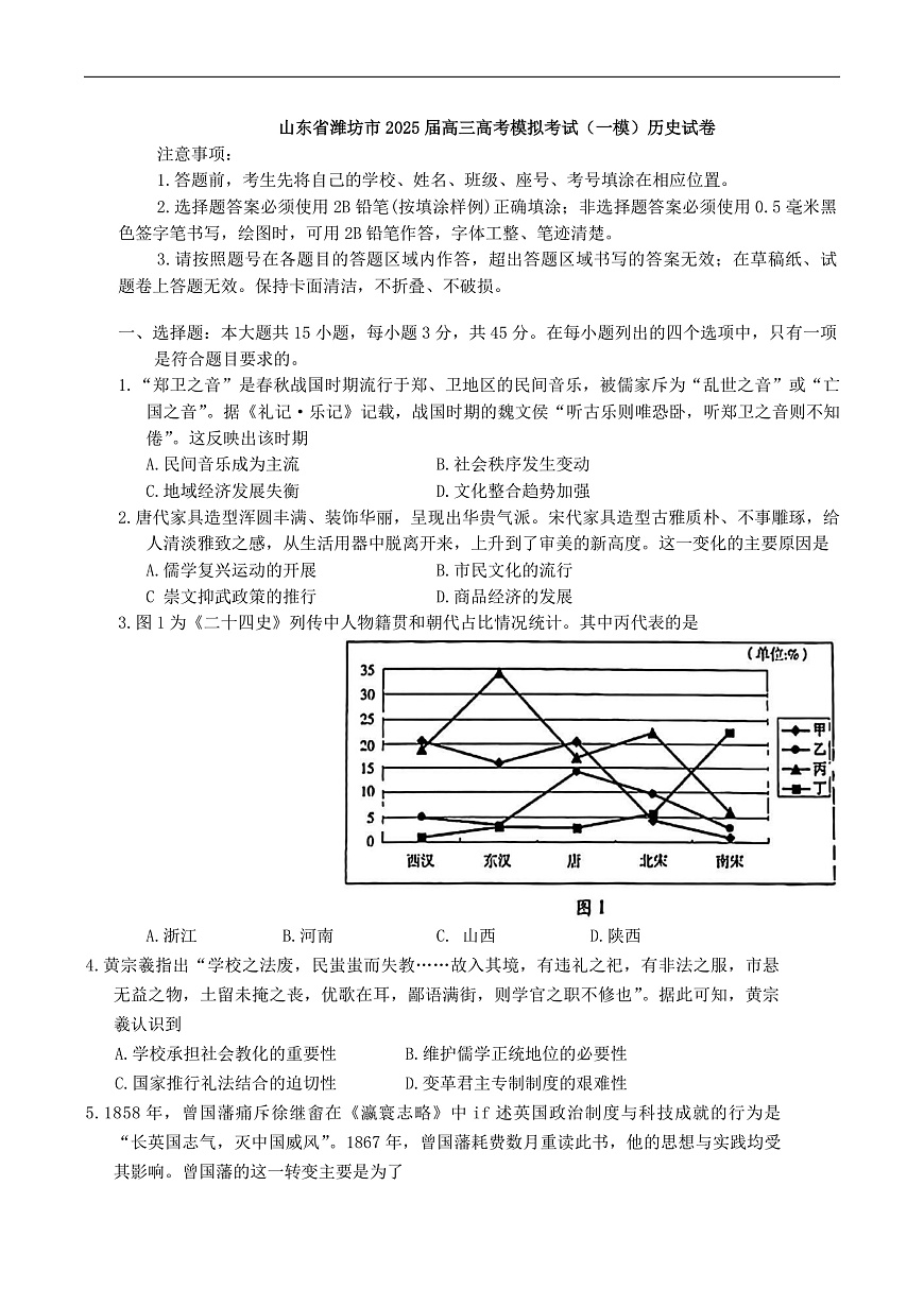 山东省潍坊市2025届高三高考模拟考试（一模）历史试卷（含答案）第1页