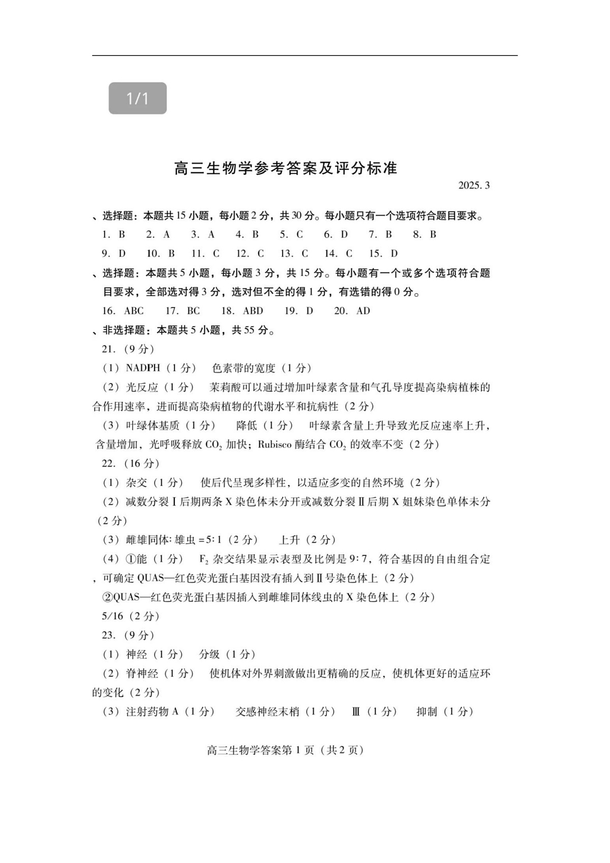 山东省潍坊市2025届高三下学期3月模拟考试生物答案第1页