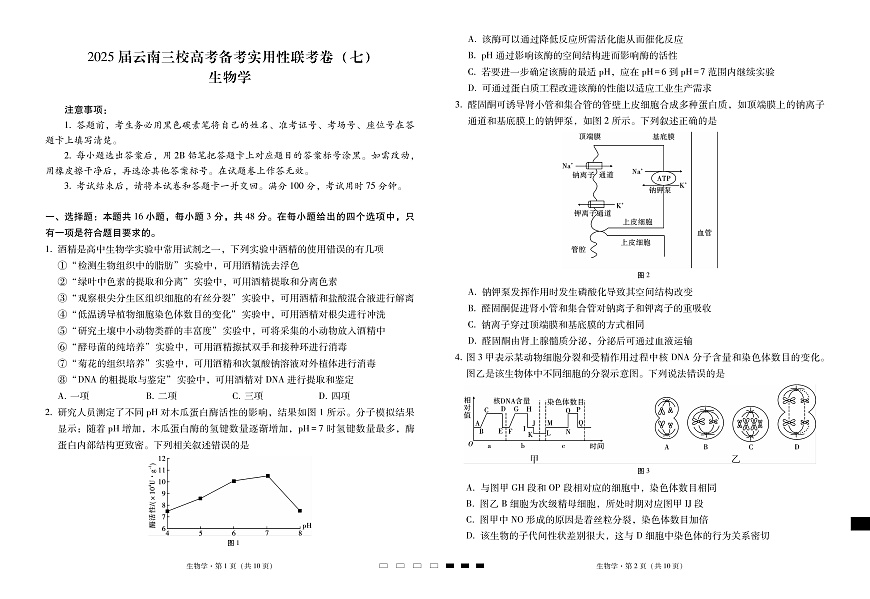 2025届云南三校高考备考实用性联考卷（七）生物第1页