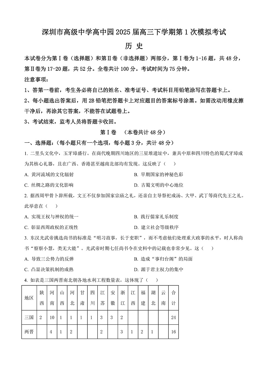 广东省深圳市高级中学高中园2025届高三下学期第一次模拟考试历史第1页