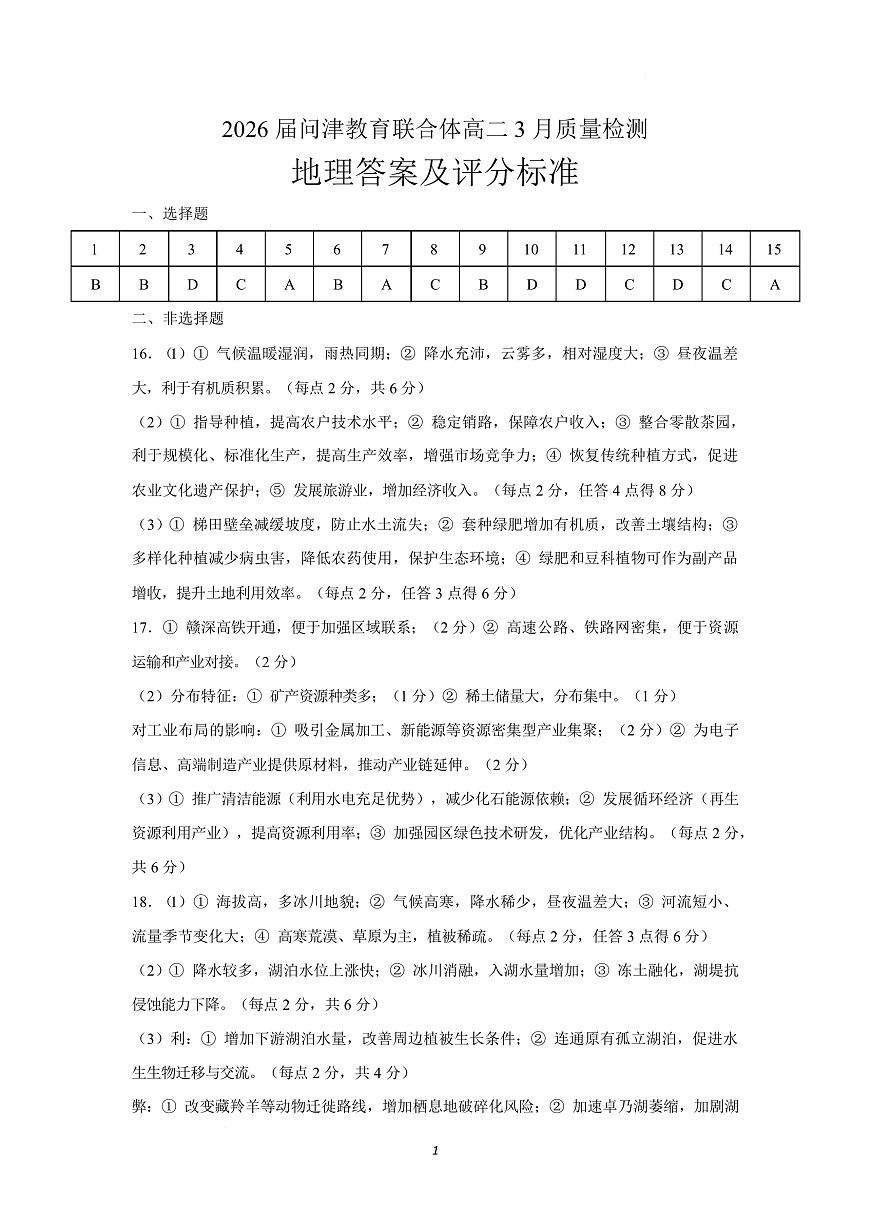 问津联盟2025年高二3月联考 高二3月检测地理答案及评分标准3.19第1页