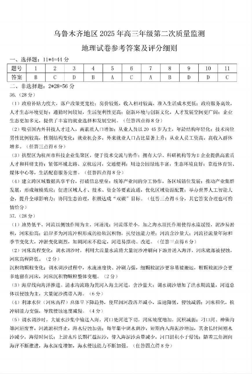 乌鲁木齐地区2025年高三年级第二次质量监测文综地理答案第1页