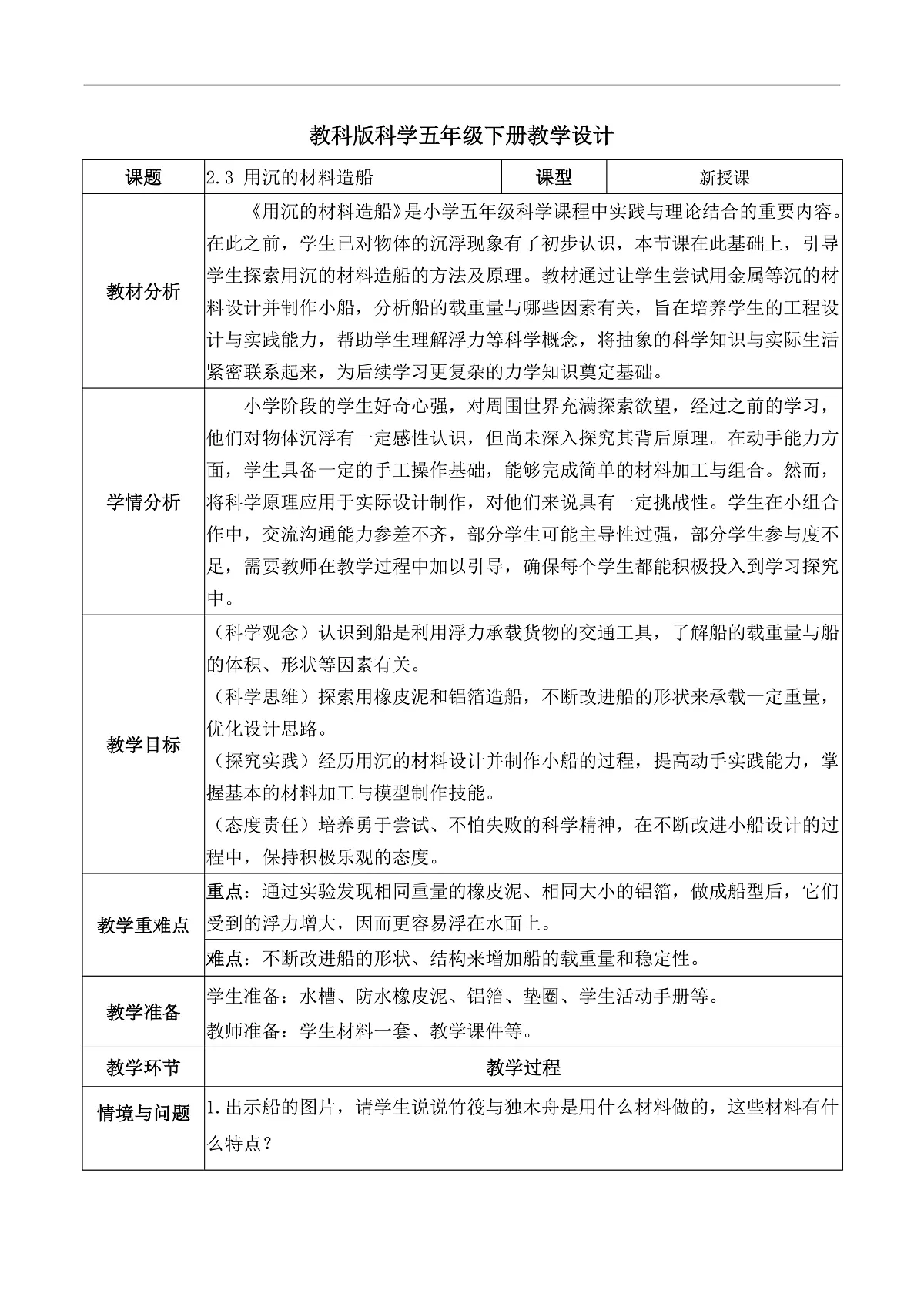 2.3 用沉的材料造船（教学设计）第1页