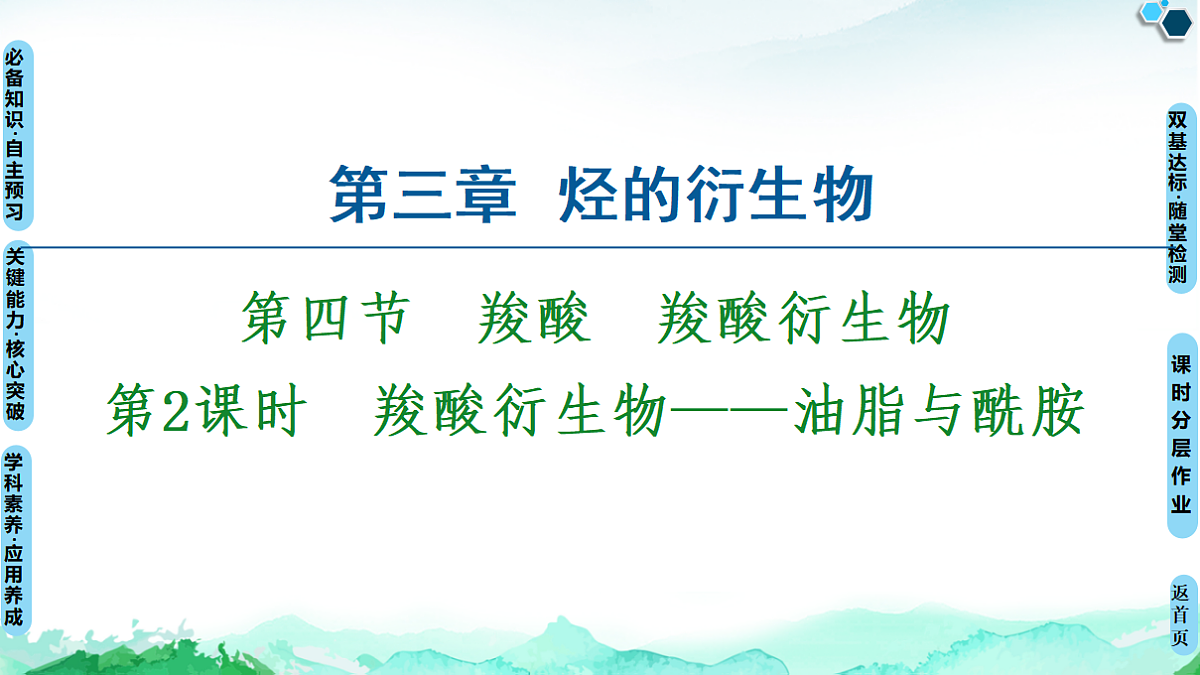 第3章  第4节　第2课时　羧酸衍生物——油脂与酰胺 课件【新教材】人教版（2019）高中化学选择性必修3第1页