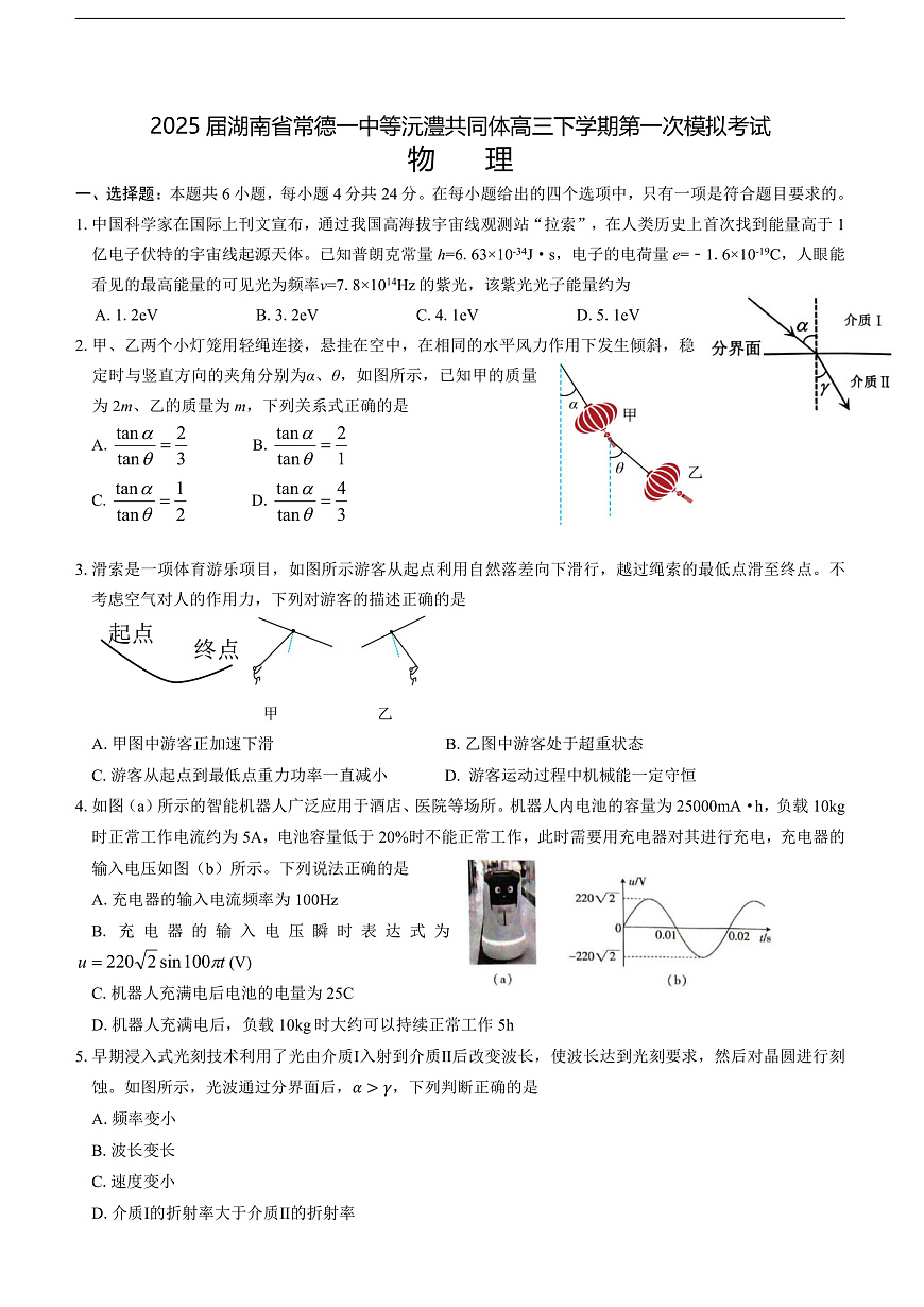 2025届湖南省常德一中等沅澧共同体高三下学期第一次模拟考试物理试题（解析版）第1页