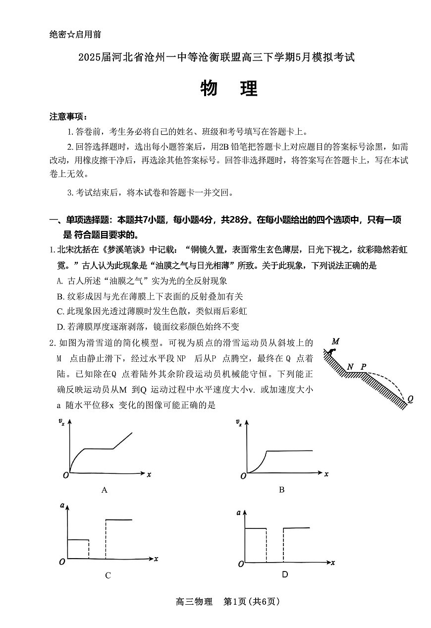 2025届河北省沧州一中等沧衡联盟高三下学期5月模拟考试物理试题（解析版）第1页