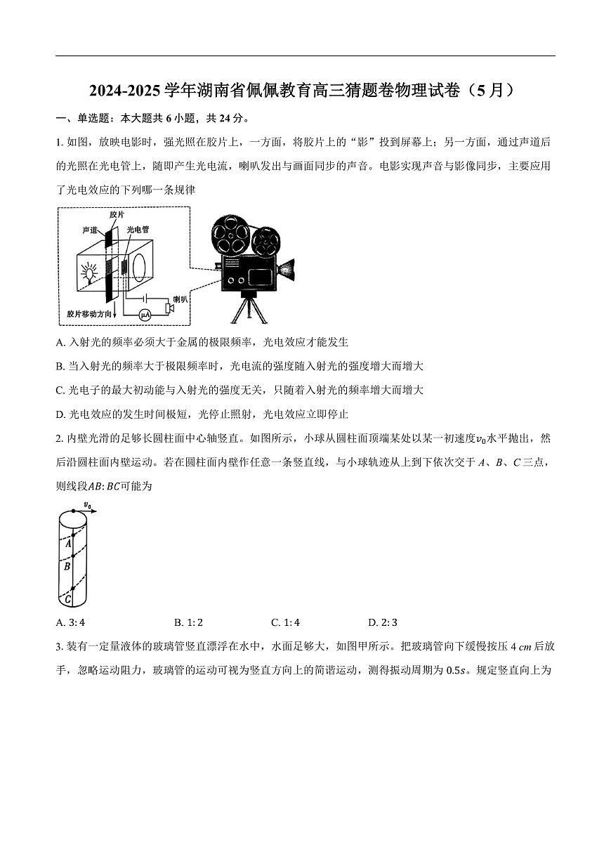 2025届湖南省佩佩教育高三下学期猜题卷物理试卷（5月）（含解析）第1页