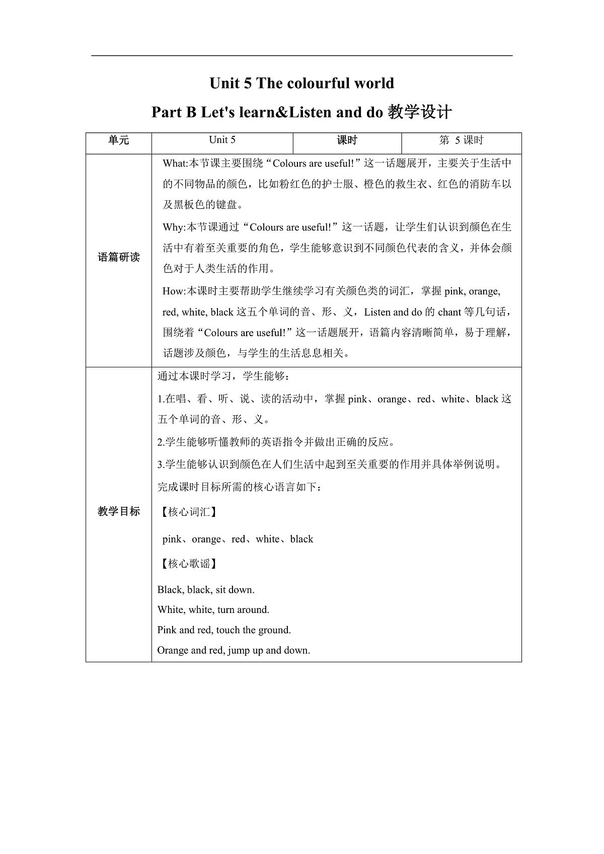 Unit5 第5课时 Part B Let's learn&Listen and do(教学设计)第1页