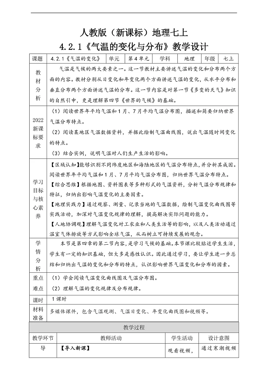 人教版（新课标）地理七上]4.2.1《气温的变化与分布》第1课时教学设计（表格式）第1页