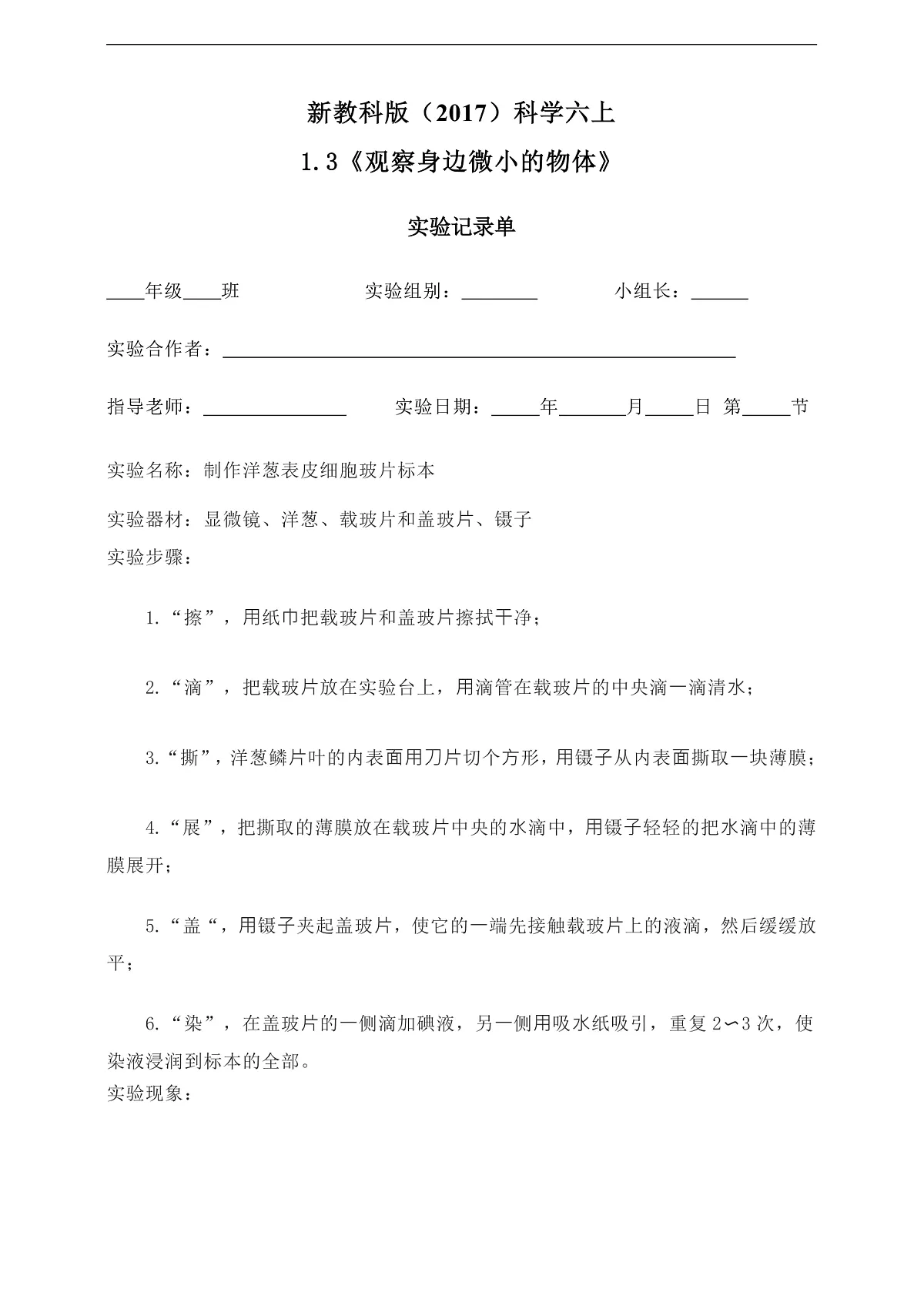 新教科版（2017）科学六上1.3《观察身边微小的物体》实验记录单第2页