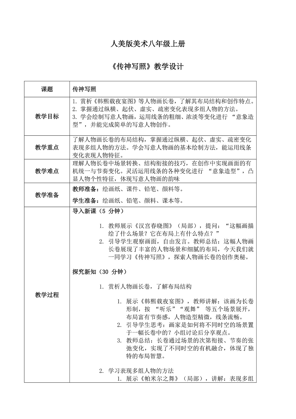 （人美版）八年级美术第五课传神写照 教案第1页