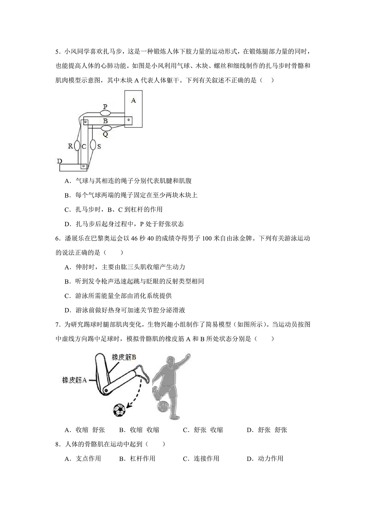 人教版初中生物八年级上册4.6.3《神经系统支配下的运动》课时练习第2页