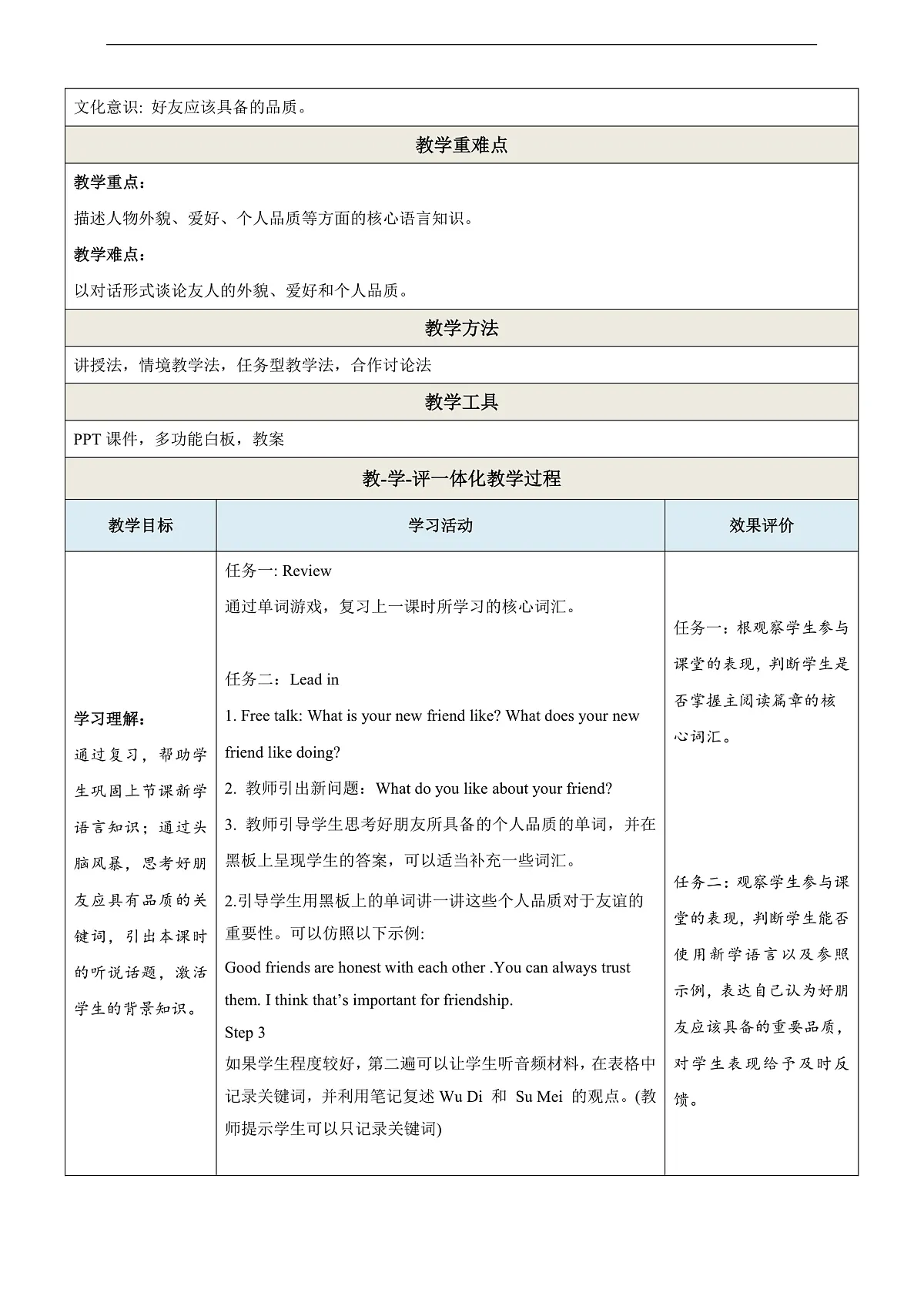 沪教牛津版（六三制三起）英语七上Unit 1 《Friendship》 第2课时Listening & Spe教学设计第2页