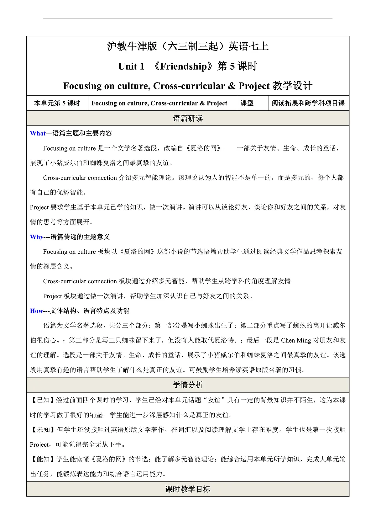 沪教牛津版（六三制三起）英语七上Unit 1 《Friendship》第五课时Focusing on culture, Cross-curricular & Project 教学设计第1页