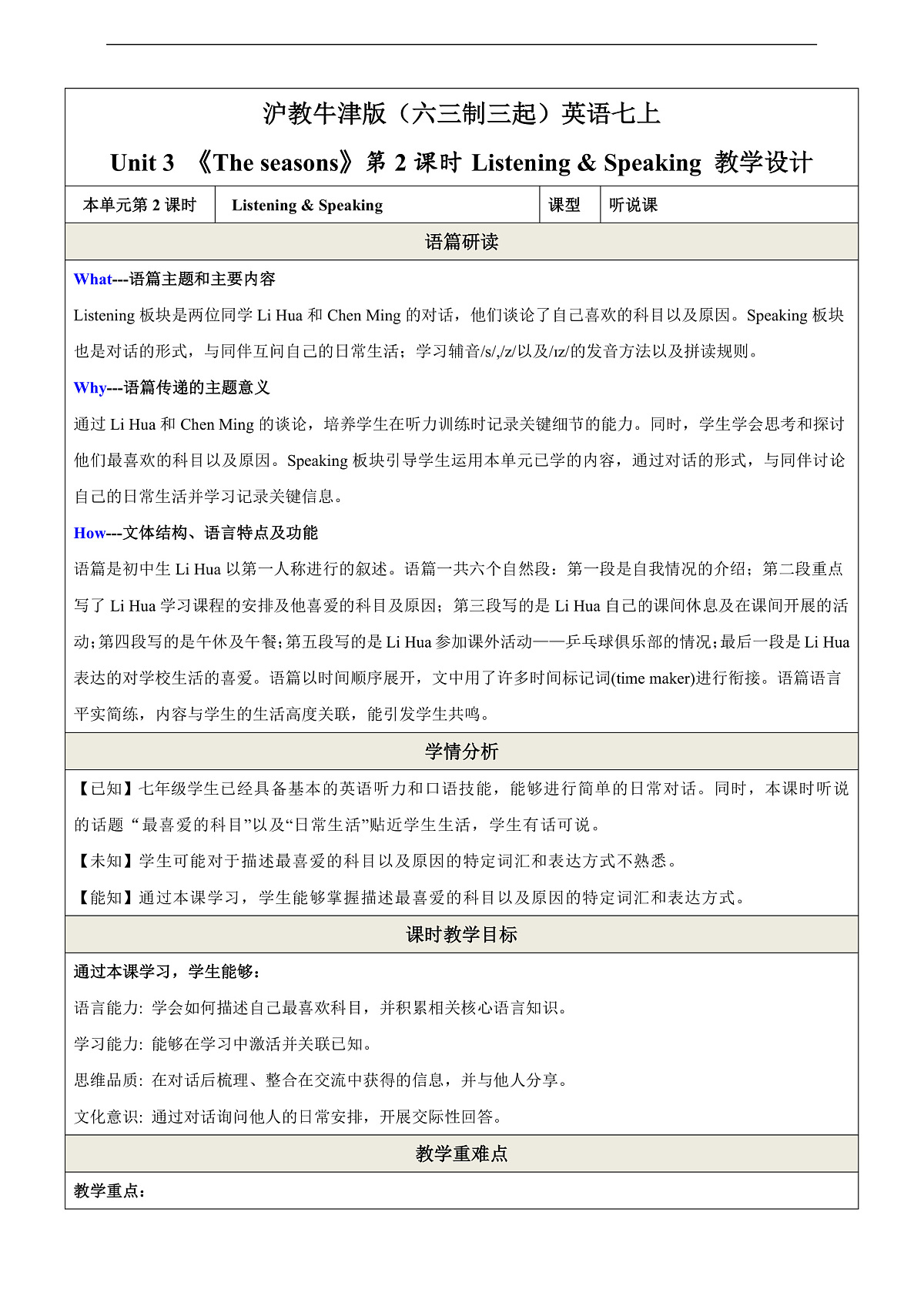沪教牛津版（六三制三起）英语七上 Unit2《 School life》第2课时Listening & Speaking教学设计第1页