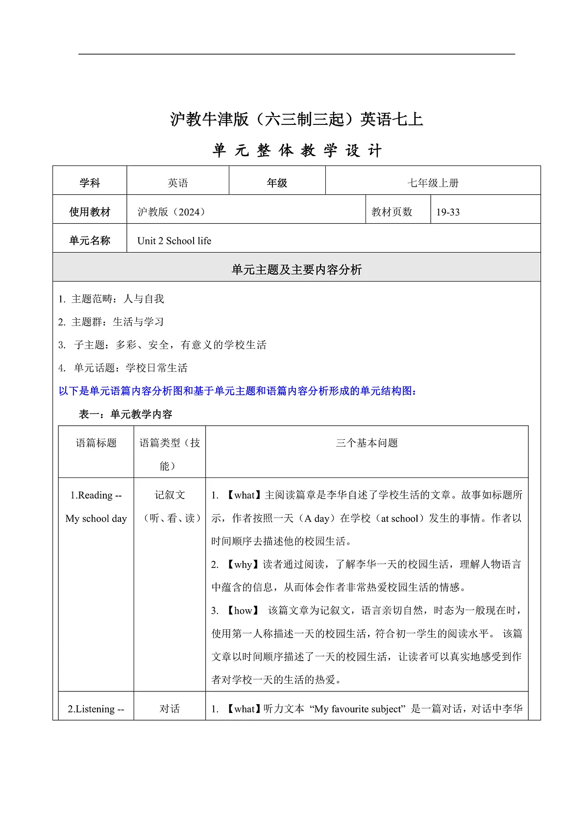 沪教牛津版（六三制三起）英语七上 Unit 2《 School life》 大单元整体教学设计第1页