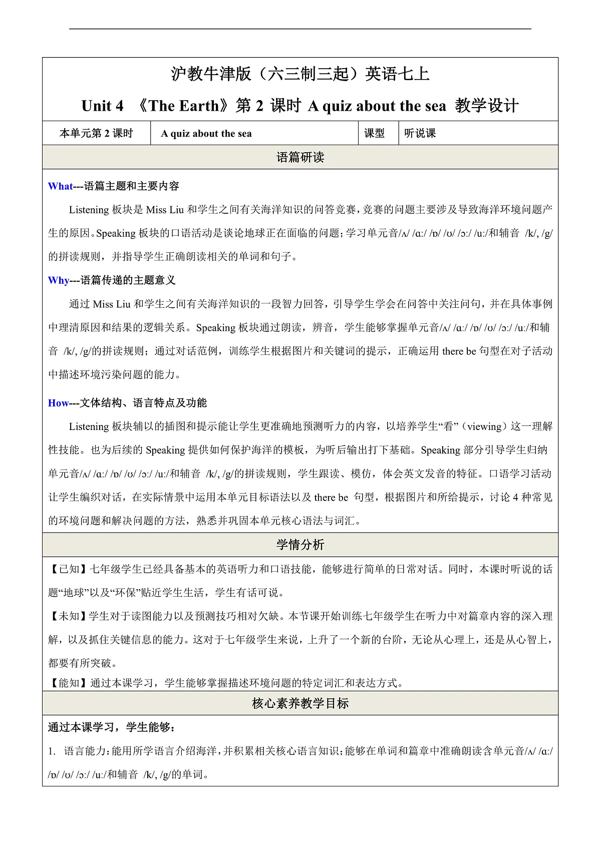 沪教牛津版（六三制三起）英语七上Unit 4 《The Earth》 第2课时 Listening & Speaking教学设计第1页