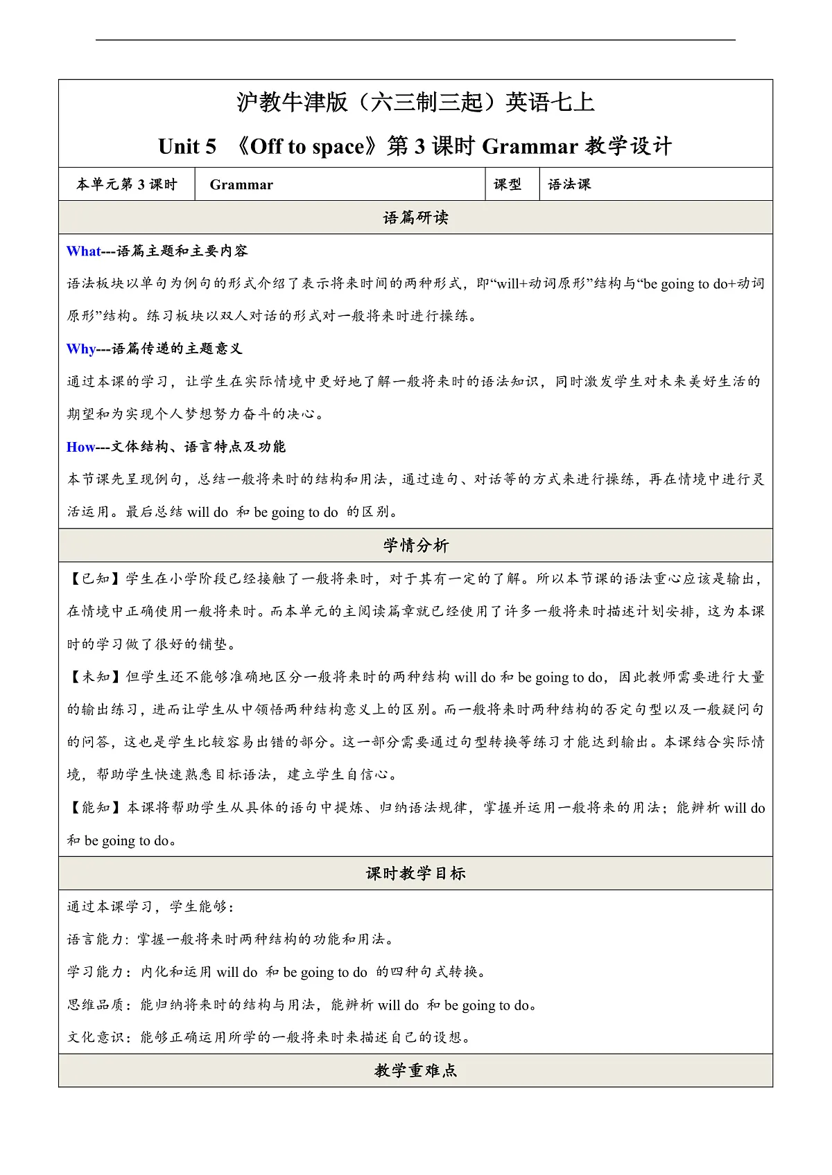 沪教牛津版（六三制三起）英语七上Unit 5 《Off to space 》第3课时 Grammar教学设计第1页