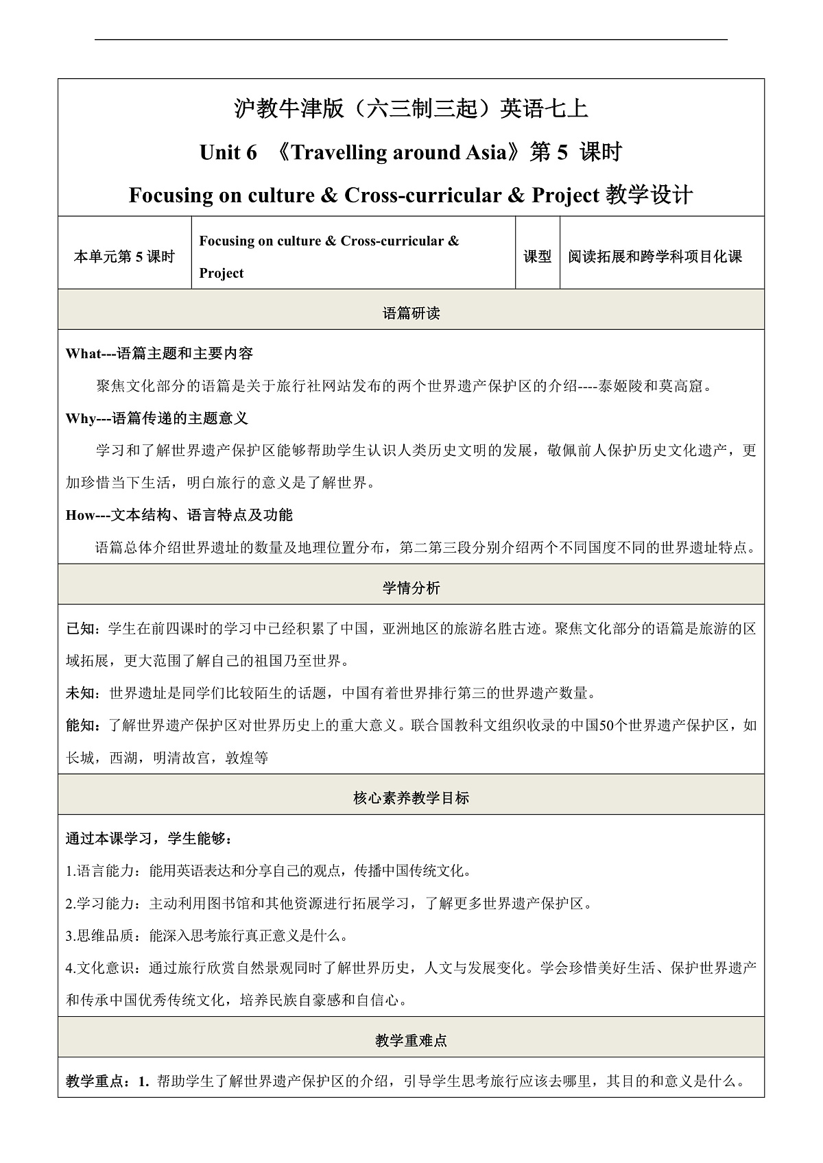 沪教牛津版（六三制三起）英语七上Unit 6 《Travelling around Asia》第5课时Focusing on culture教学设计第1页