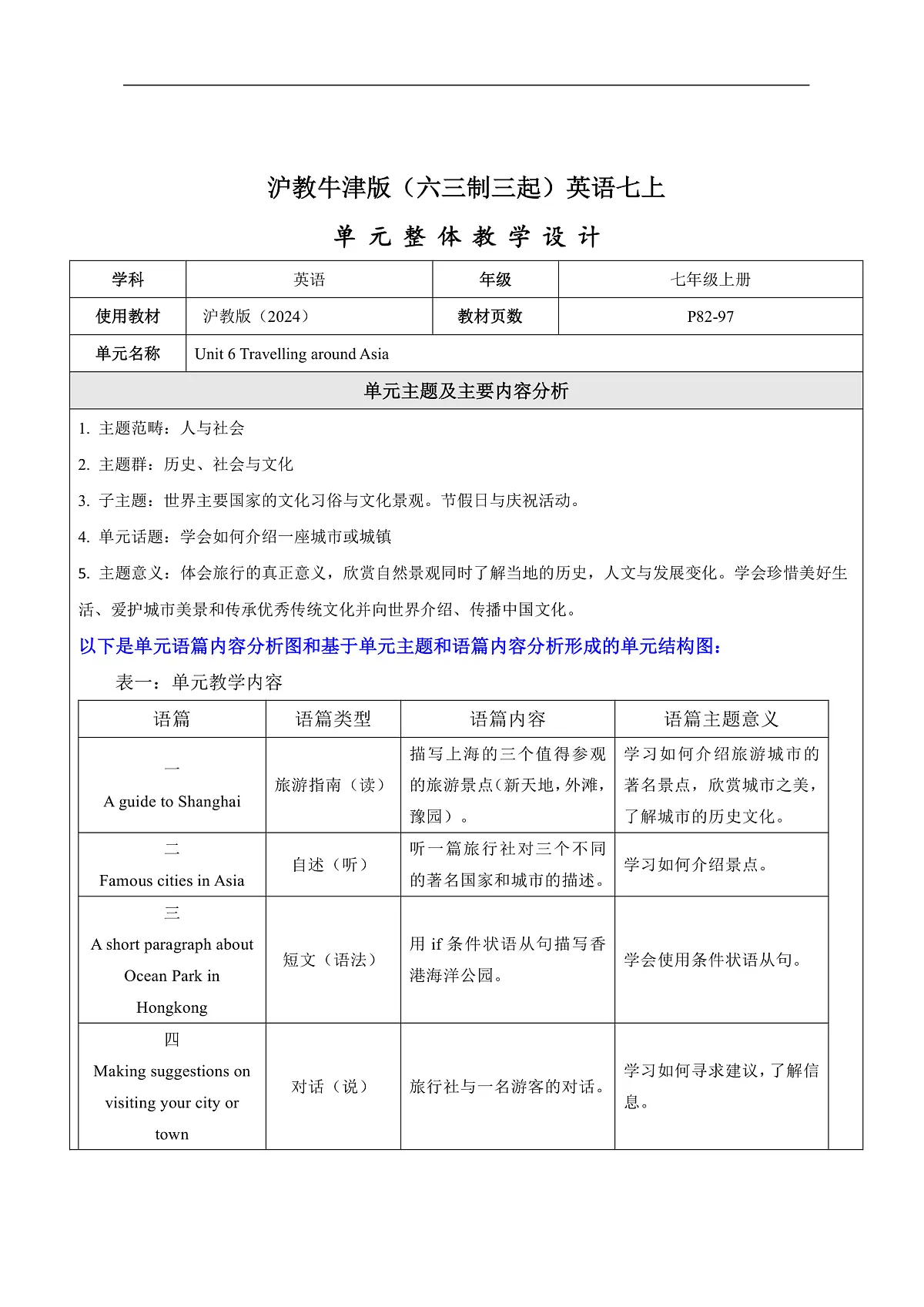 沪教牛津版（六三制三起）英语七上Unit 6 《Travelling around Asia》单元整体教学设计第1页