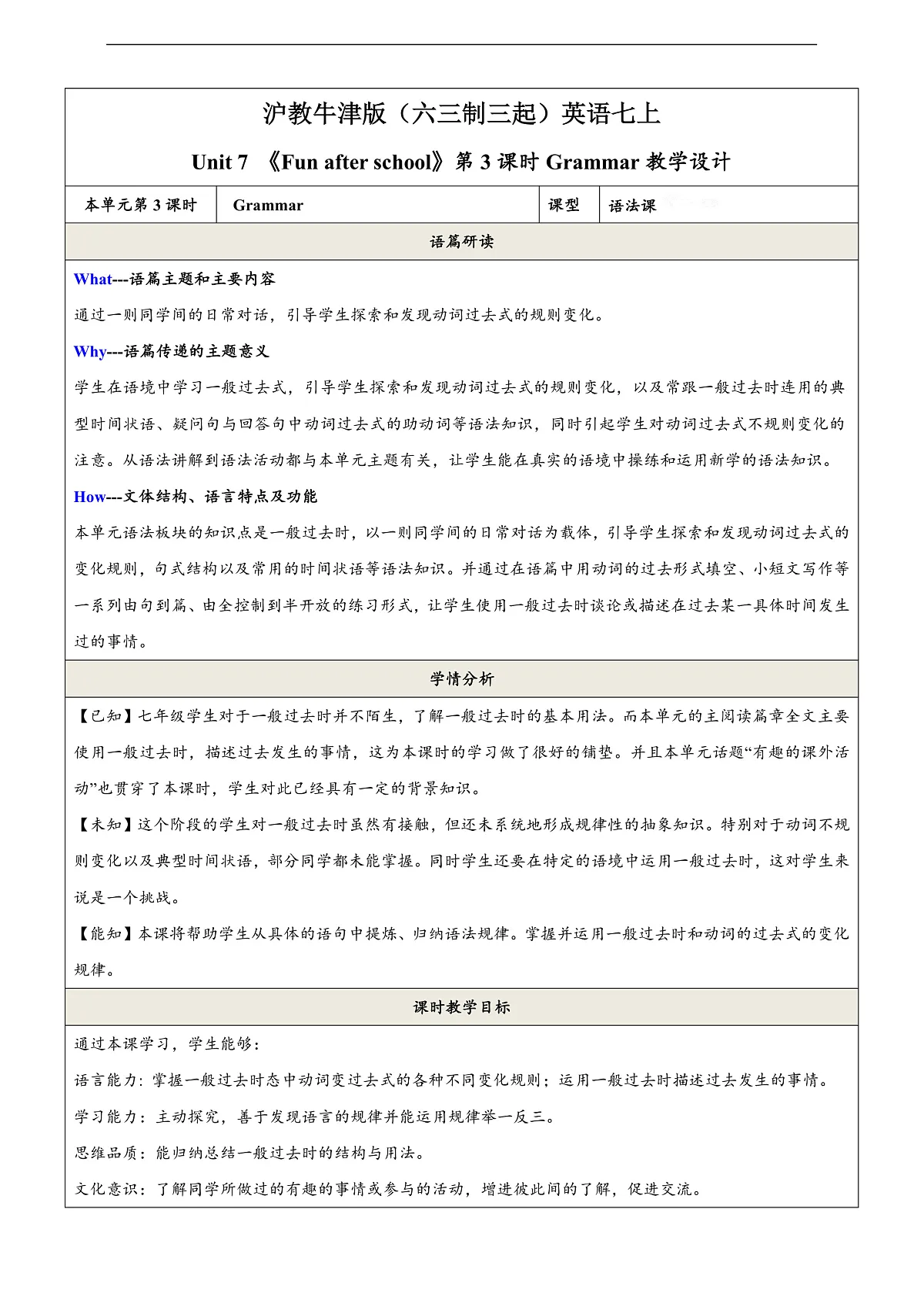 沪教牛津版（六三制三起）英语七上Unit 7 《Fun after school 》第3课时 Grammar教学设计第1页