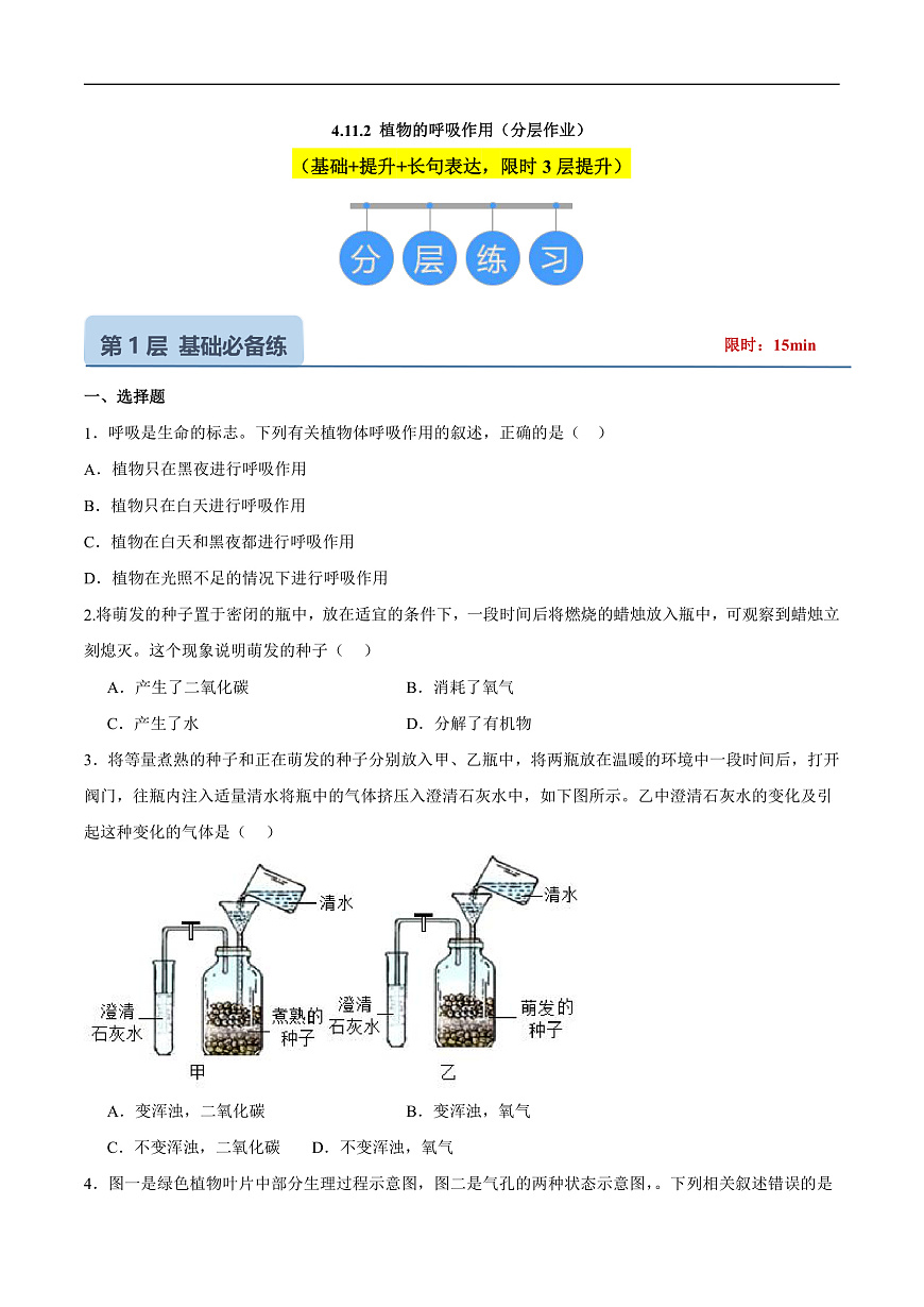 4.11.2 植物的呼吸作用 (分层作业）（原卷版）第1页
