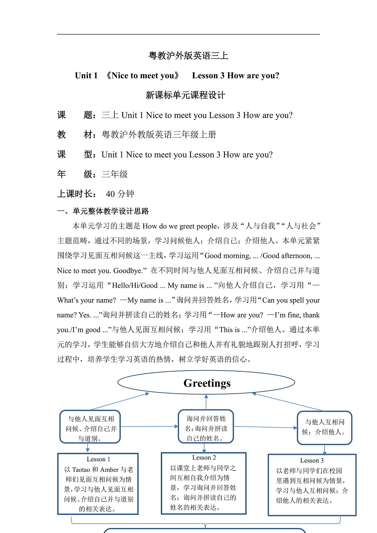 粤教沪外版英语三上Unit 1 《Nice to meet you》 Lesson 3 How are you？单元教学设计第1页