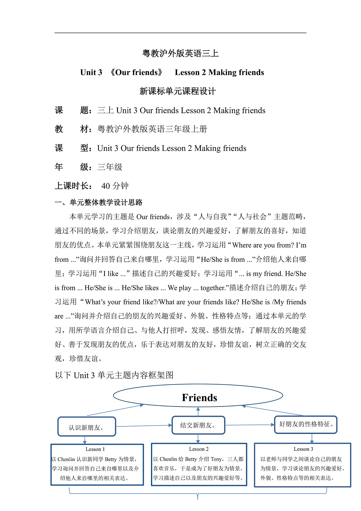 粤教沪外版英语三上Unit3《Our friend》 Lesson 2 Making friends 单元教学设计第1页